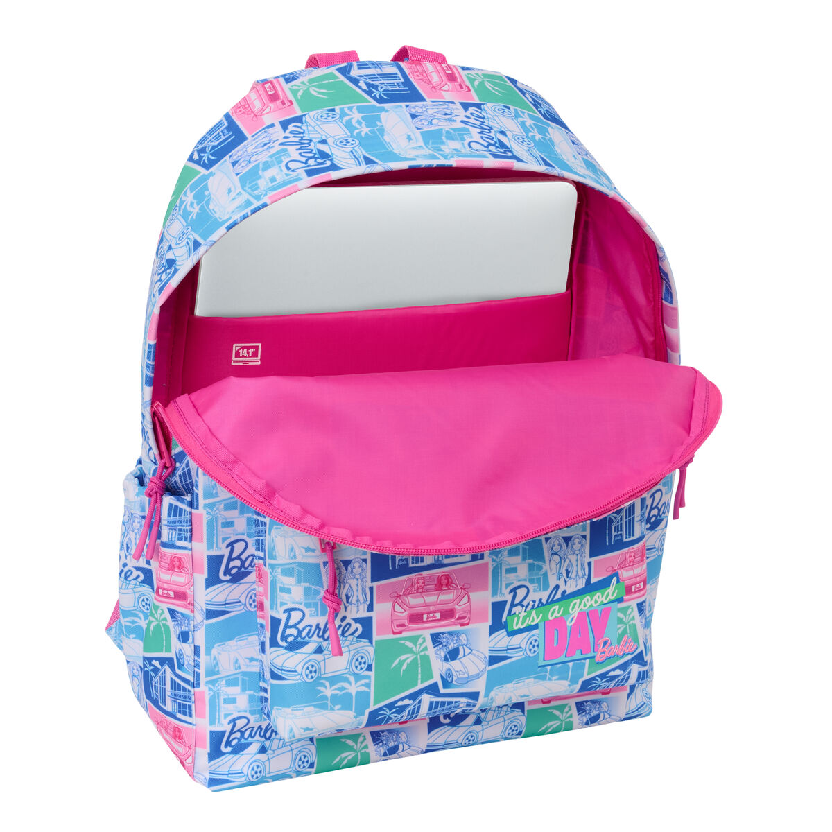 Ein bunter Rucksack mit Barbie-Motiv, offen mit Laptopfach und pinkem Innenfutter.