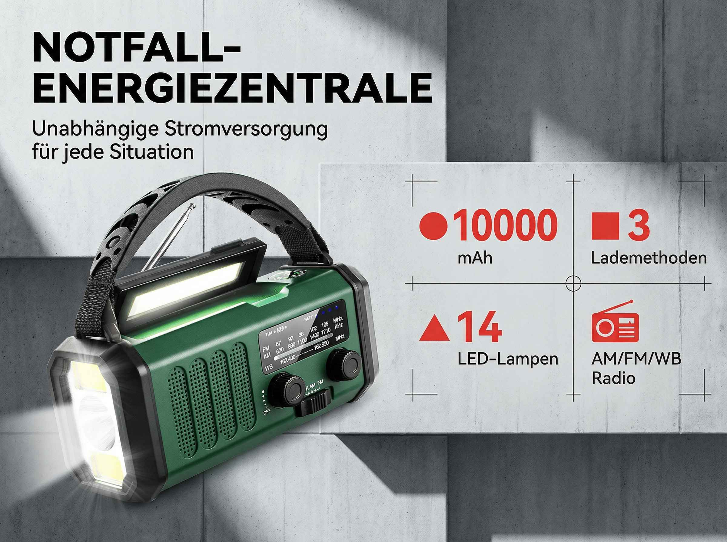 Grünes Notfall-Radio mit LED-Lampe, 10000mAh, 3 Lademethoden.
