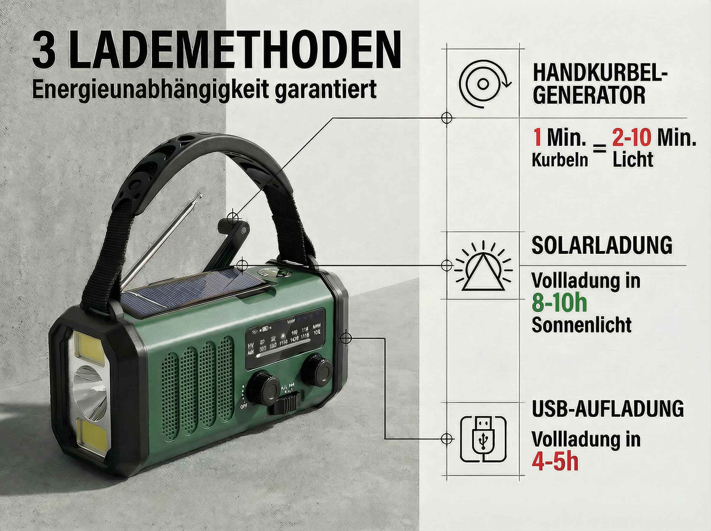 Grünes Radio mit Solarpanel: Handkurbel, Solar, USB Ladeoptionen.