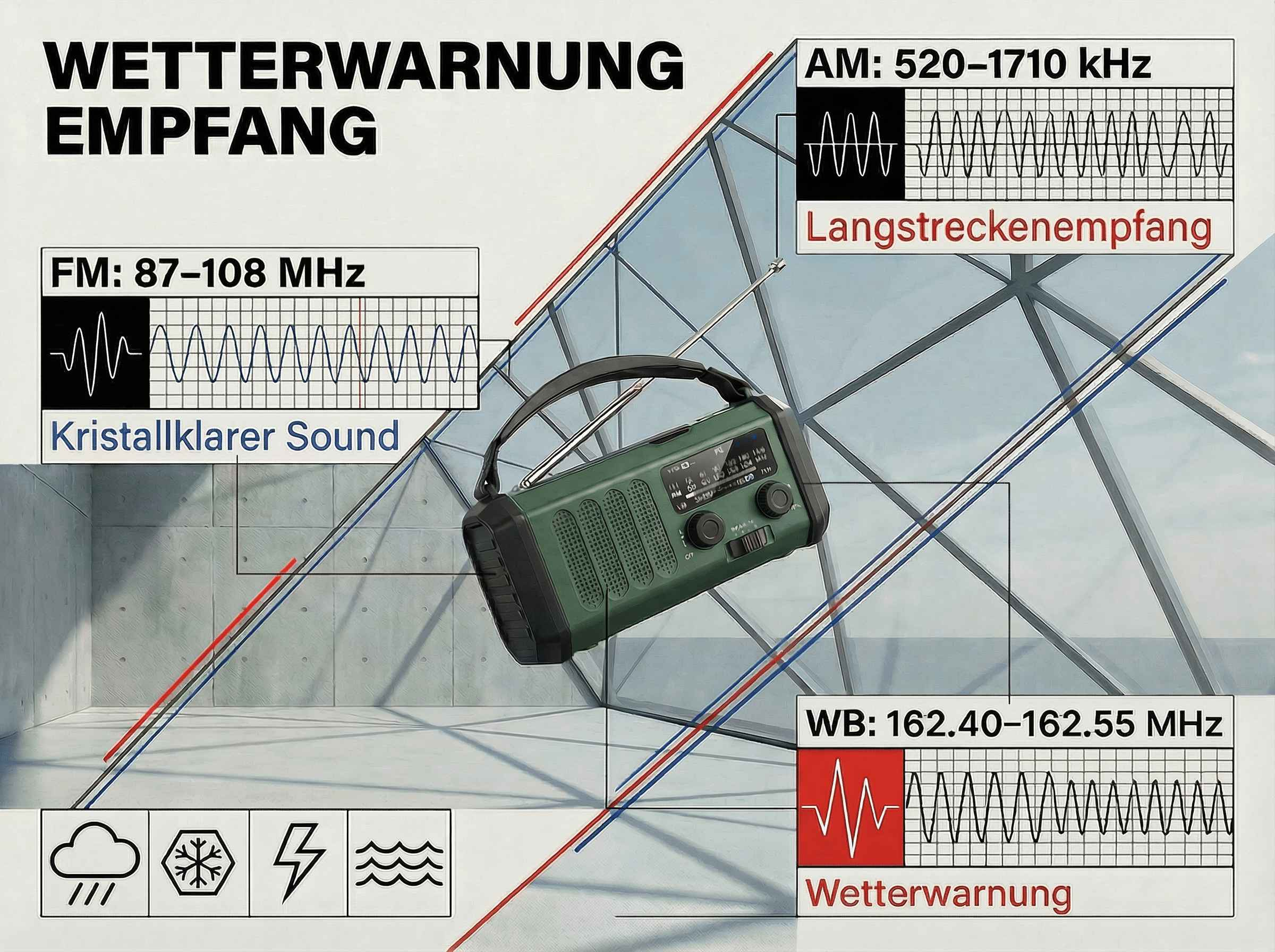 Grünes Radio mit Wellenformen, Frequenzbereichen und Wettersymbolen.