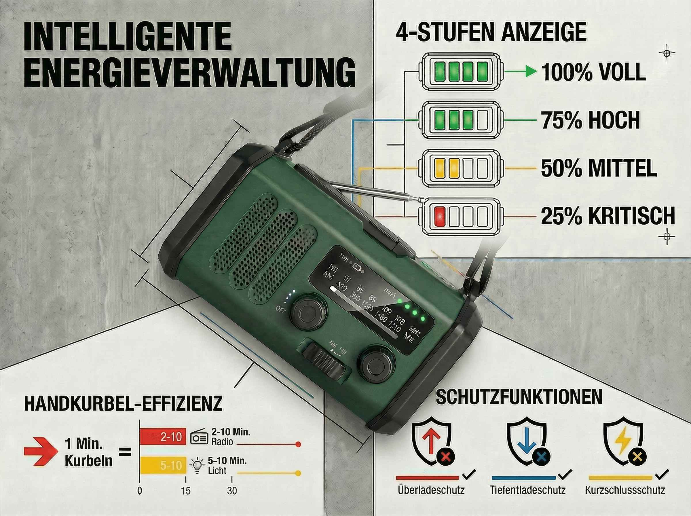 Grünes Radio mit Ladeanzeige, Kurbel-Effizienz und Schutzfunktionen.