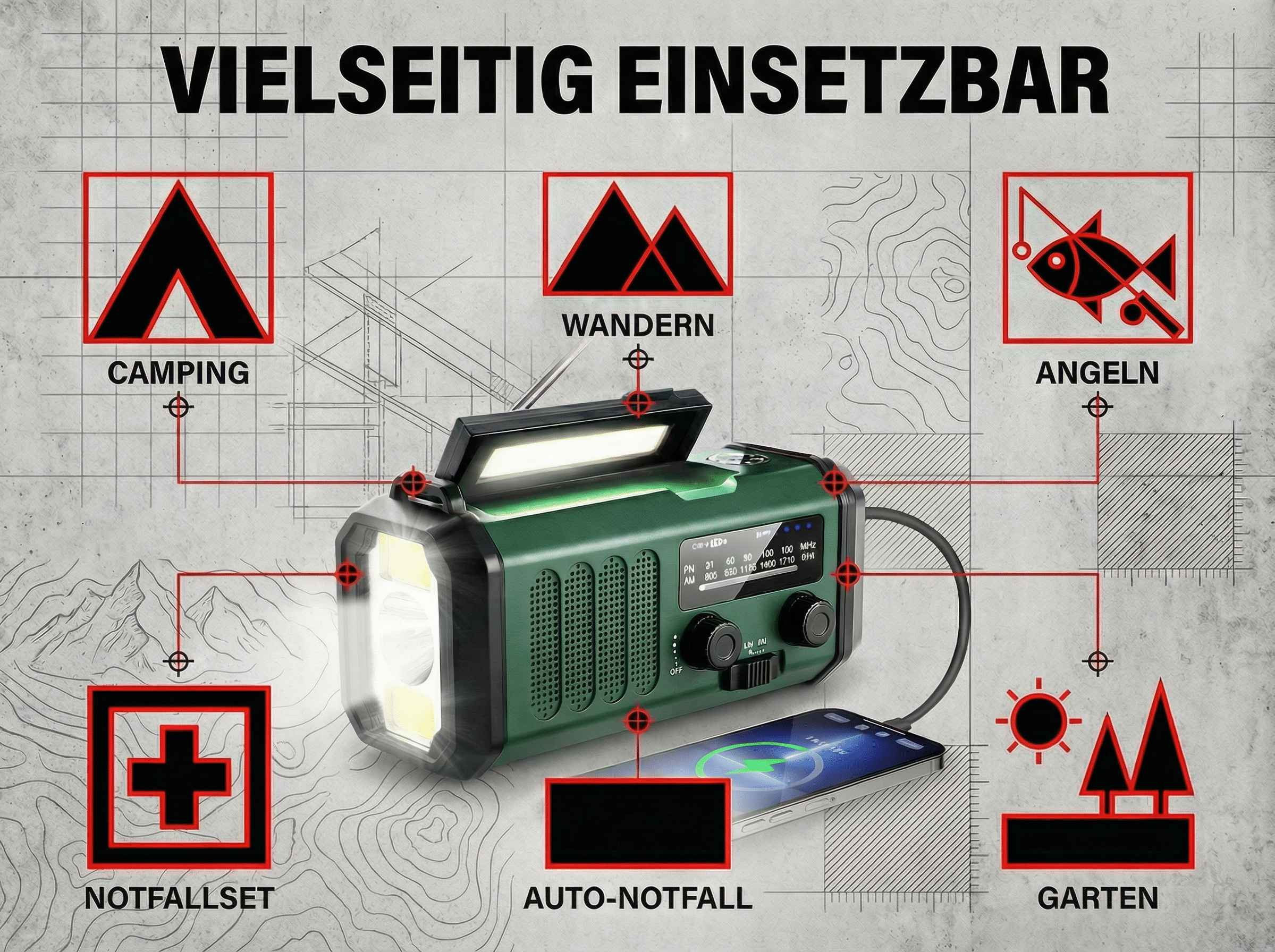 Vielseitiges Notfallradio mit LED-Lampe und Ladefunktion für Smartphones.