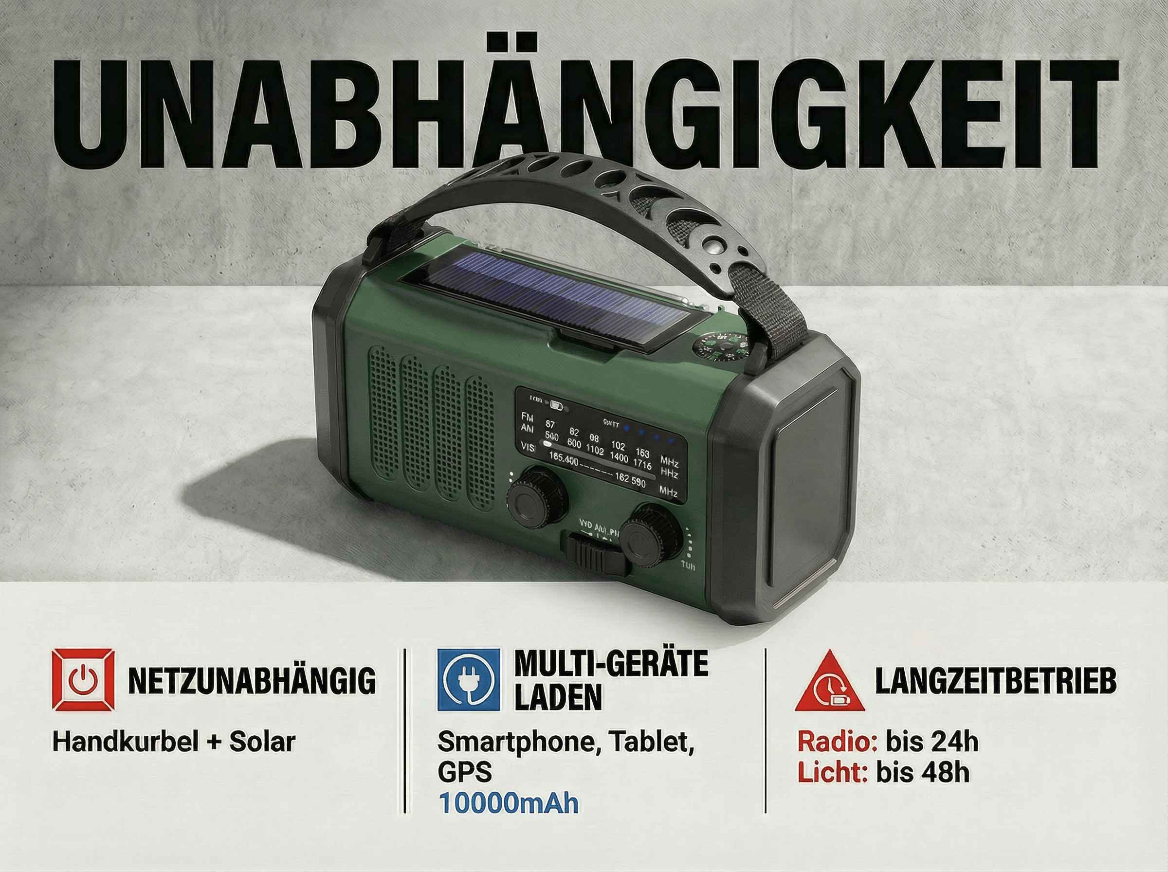 Ein grünes Multifunktionsradio mit Solarpanel, Handkurbel und Ladefunktion.
