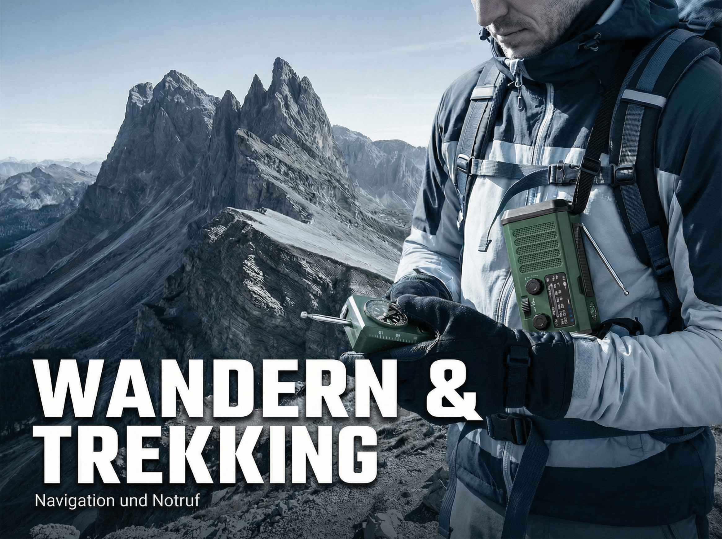 Ein Mann mit Rucksack und Ausrüstung in den Bergen.