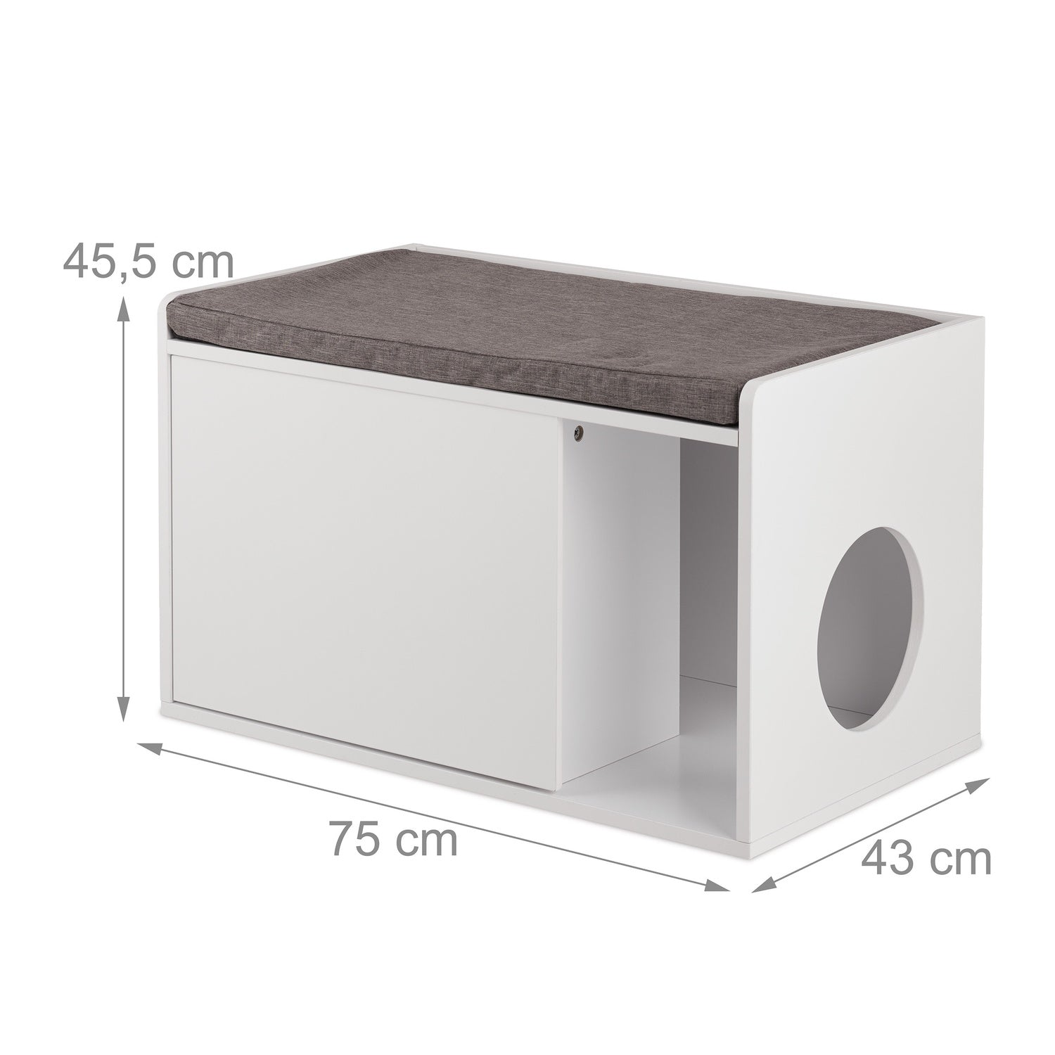 Túnel blanco para gatos con cojín. Dimensiones: 75x43x45,5 cm.