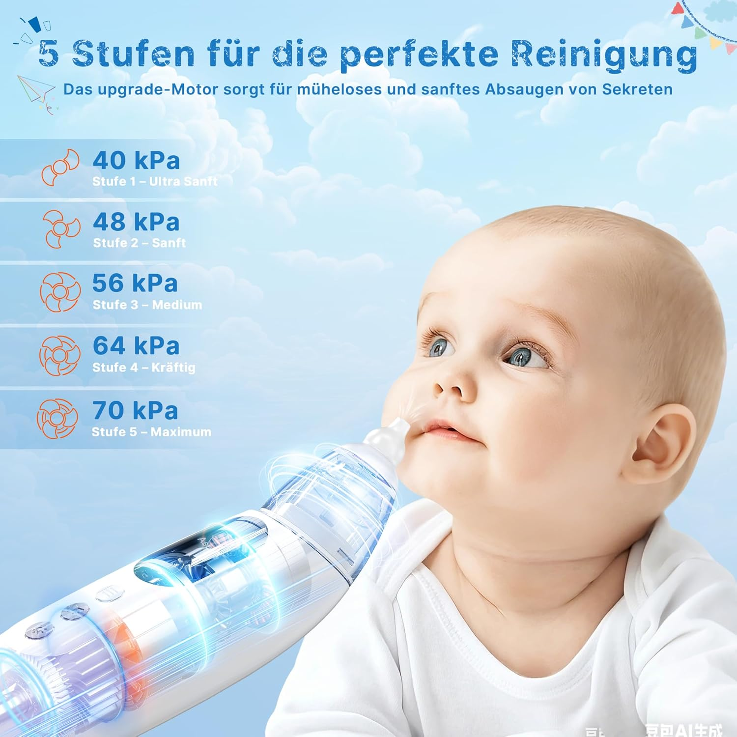 Baby mit Nasensauger, 5 Reinigungsstufen von 40-70 kPa.