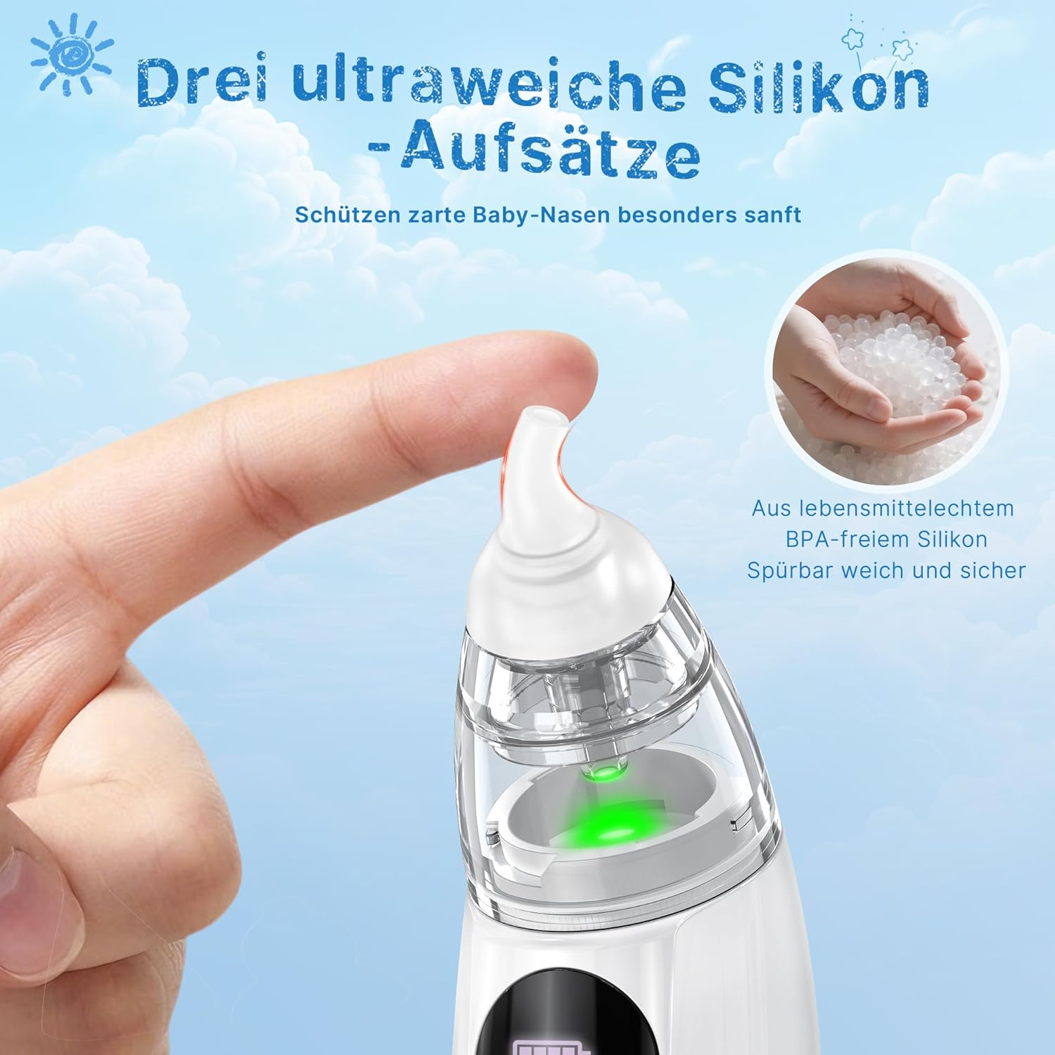 Baby-Nasensauger mit weichen Silikonaufsätzen und Ladeanzeige.