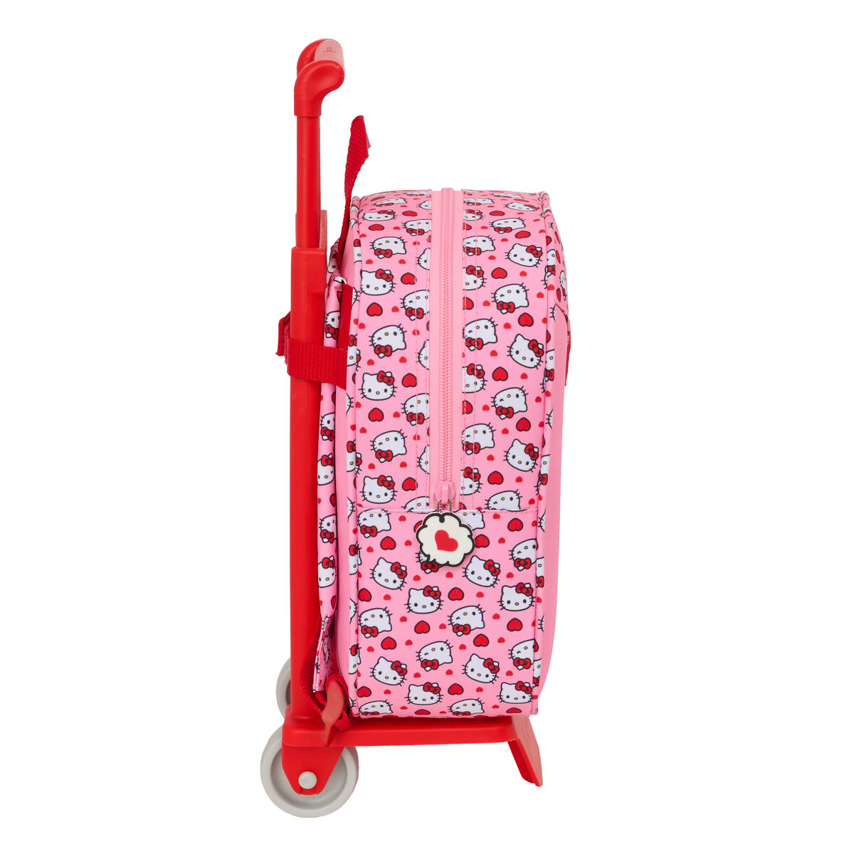 Ein rosa Koffer mit Hello Kitty Motiv, Rollen und ausziehbarem Griff.