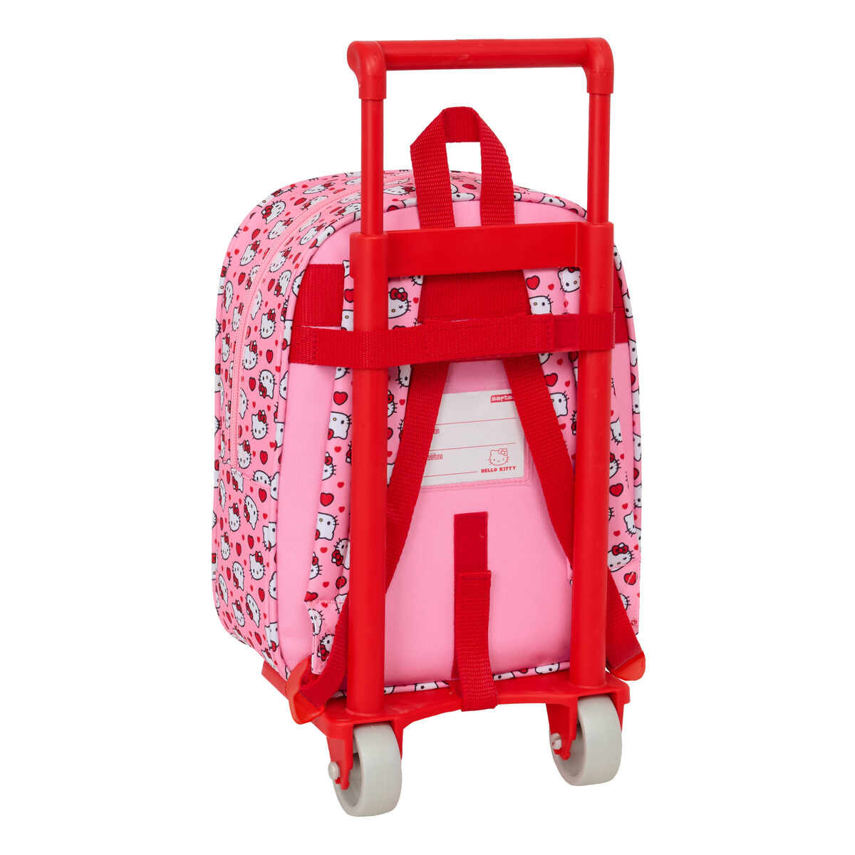 Ein rosa Rucksack mit Hello Kitty Motiv, ausziehbarer roter Stange und Rädern.
