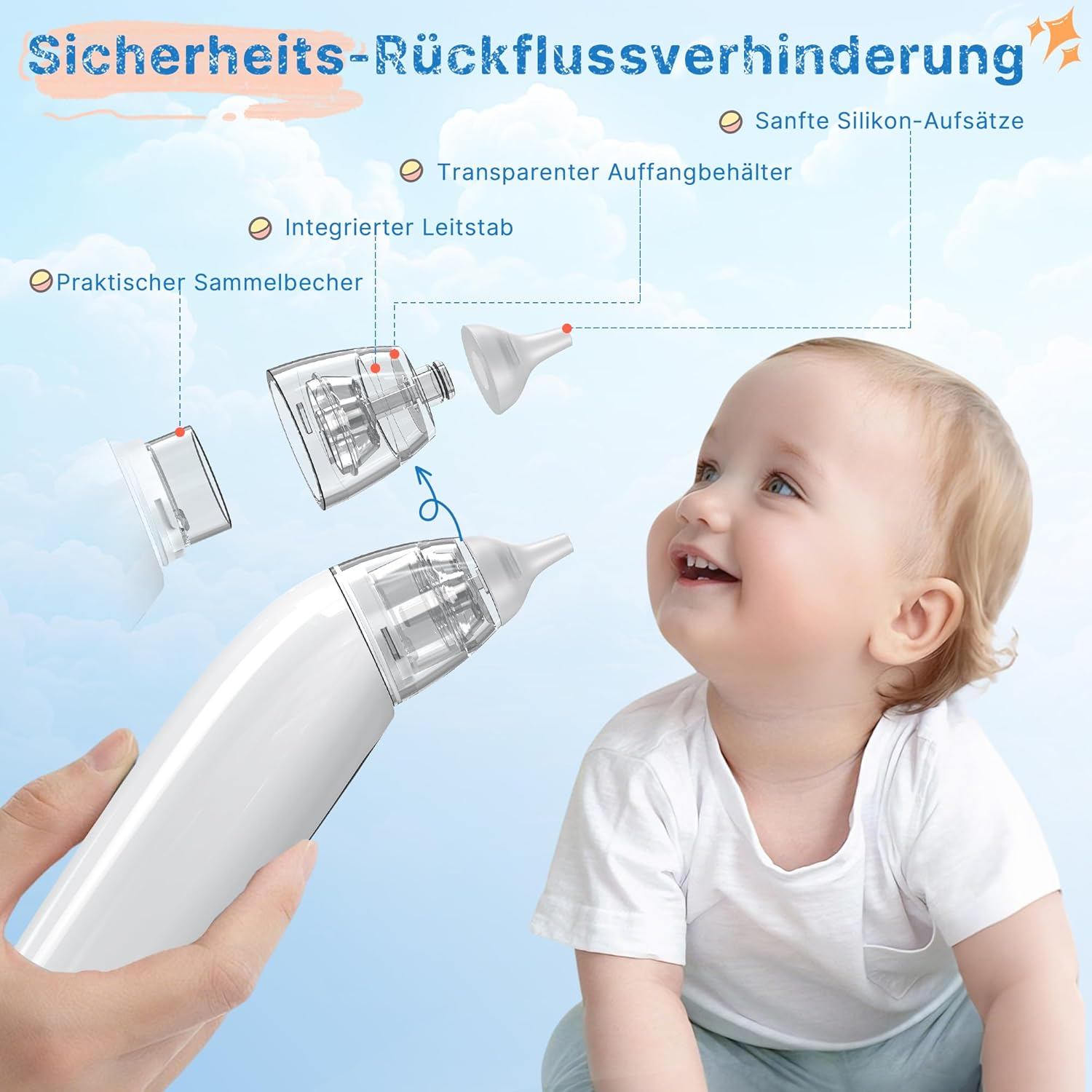 Baby lächelt, während ein Nasensauger mit transparentem Behälter gezeigt wird.