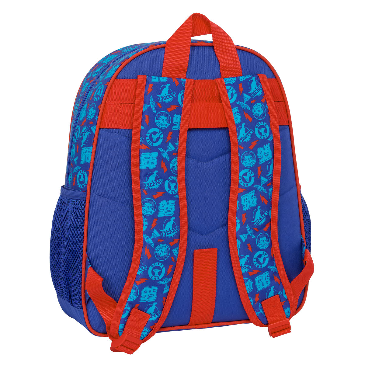 Ein blauer Rucksack mit rotem Rand und Trägern, bedruckt mit Rennmotiven.