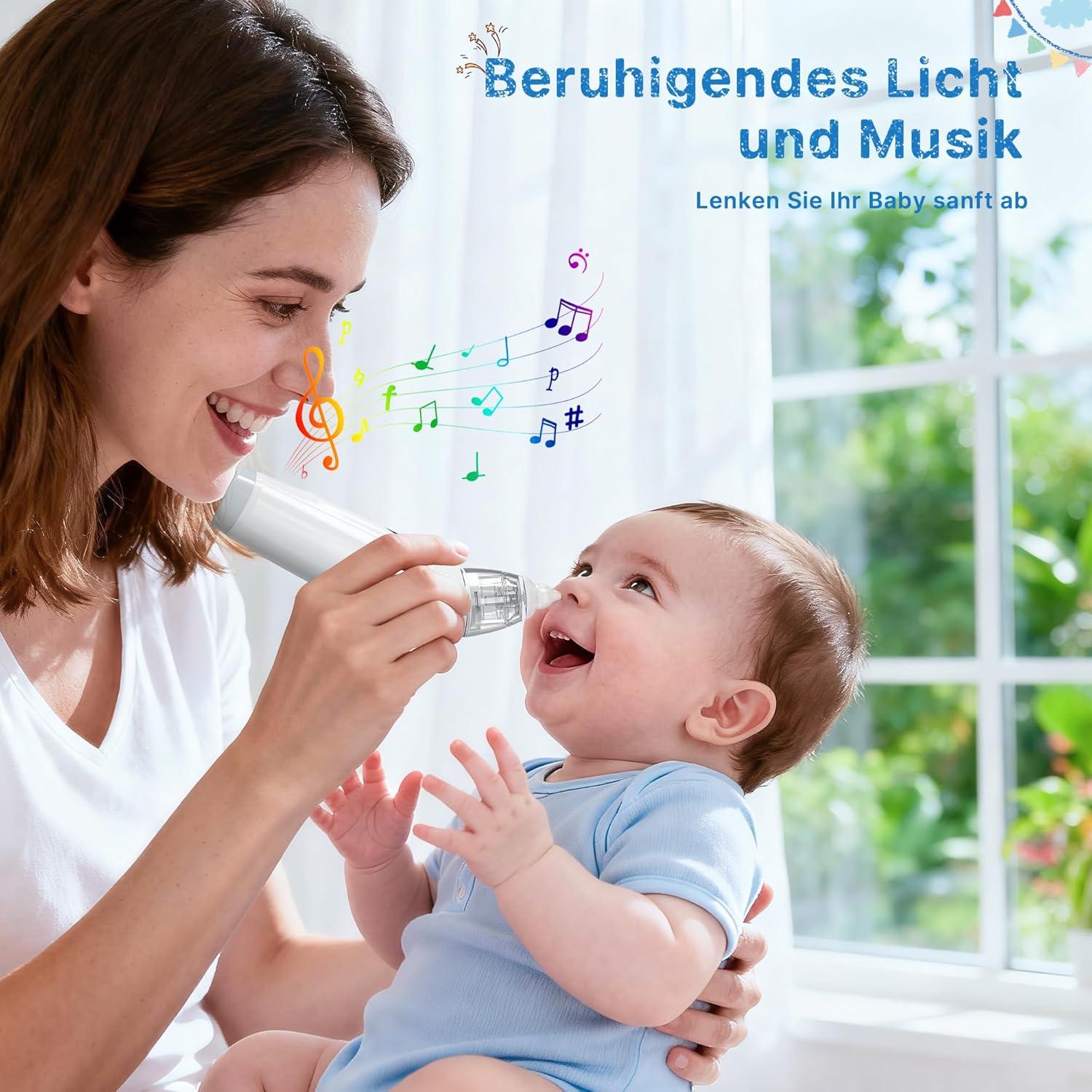 Mutter benutzt Nasensauger bei Baby. Musiknoten schweben um sie herum.