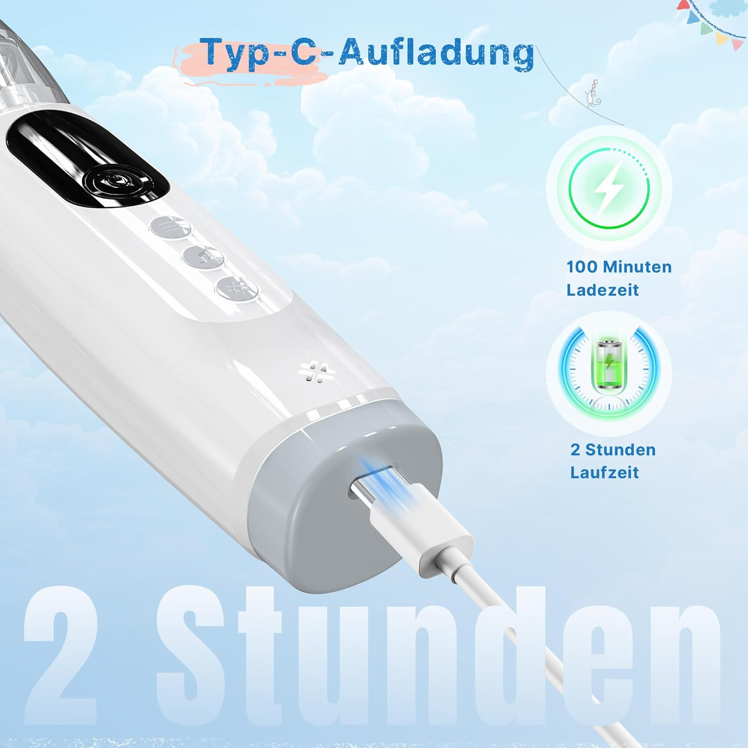 Ein weißes Gerät wird über USB-C aufgeladen. Anzeige: 100 Min Ladezeit, 2 Std Laufzeit.