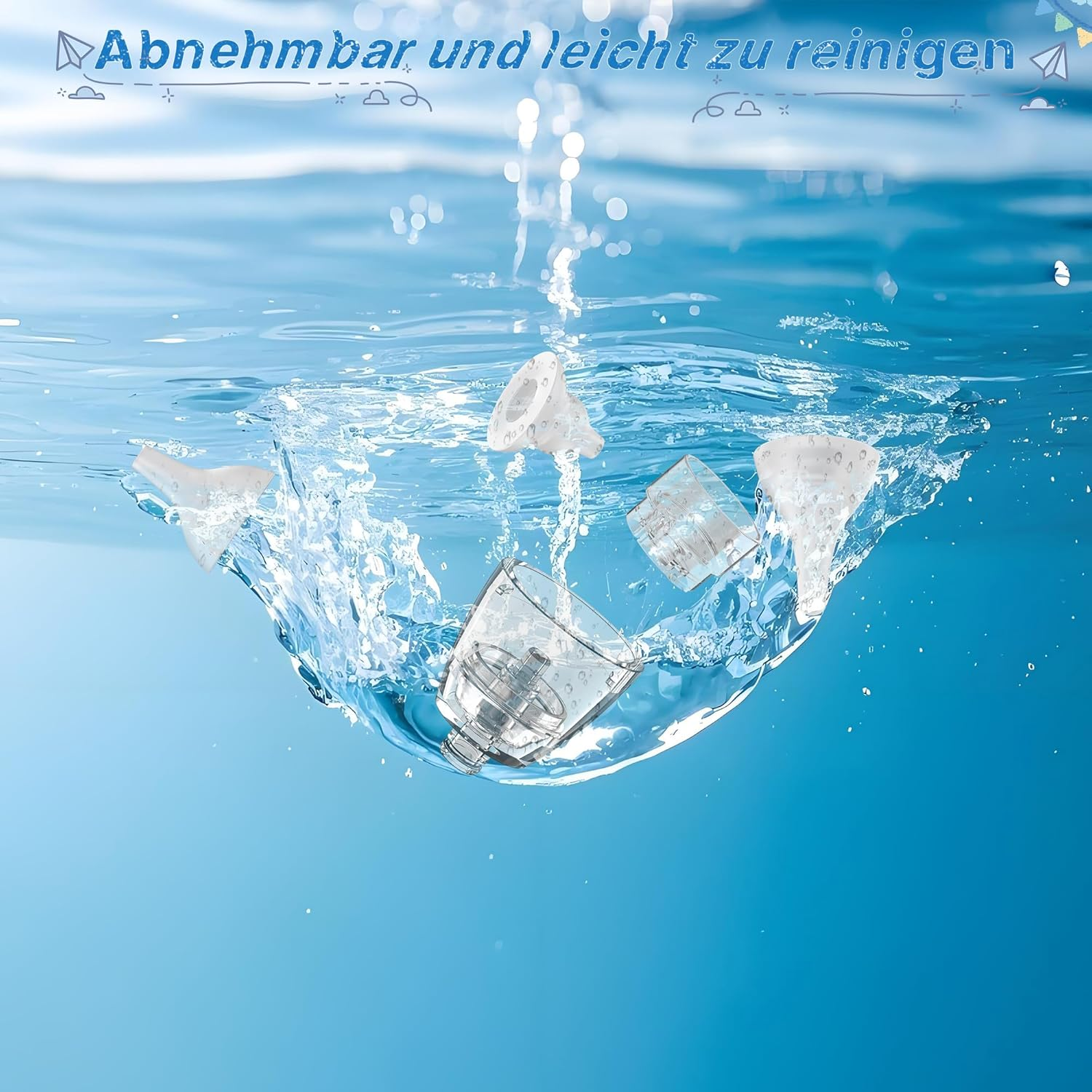 Mehrere durchsichtige Babyflaschenteile fallen in blaues Wasser.