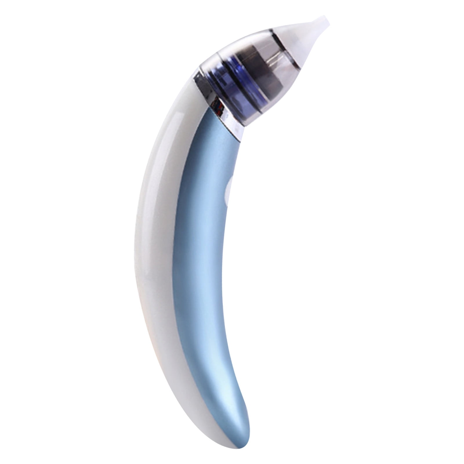Ein gebogenes, weiß-blaues Gerät mit transparentem Behälter und weißer Spitze.