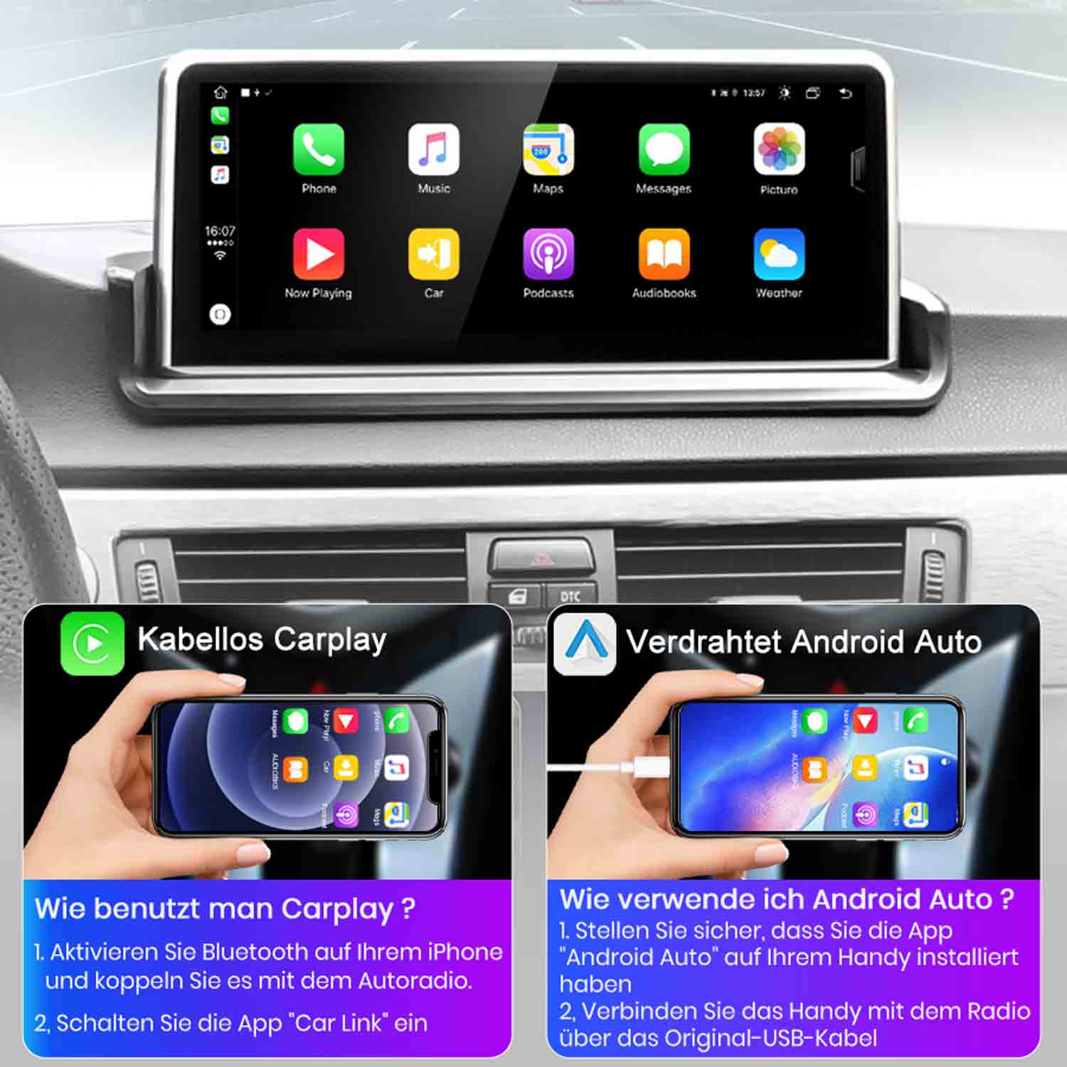 Ein Autoradio zeigt die Benutzeroberfläche von Apple CarPlay und Android Auto.