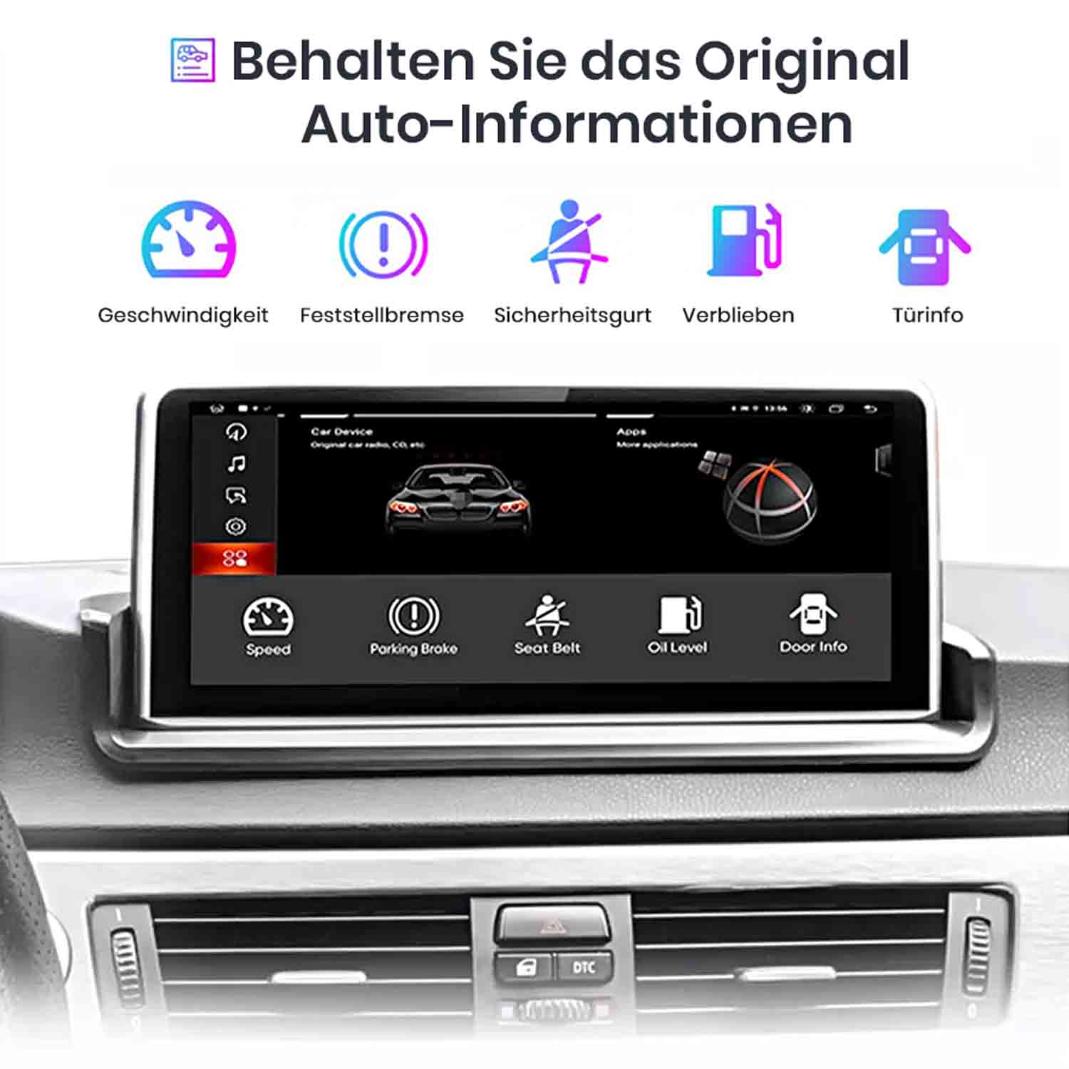 Ein Auto-Infotainmentsystem zeigt Geschwindigkeit, Bremsen, Gurt, Öl und Türen an.