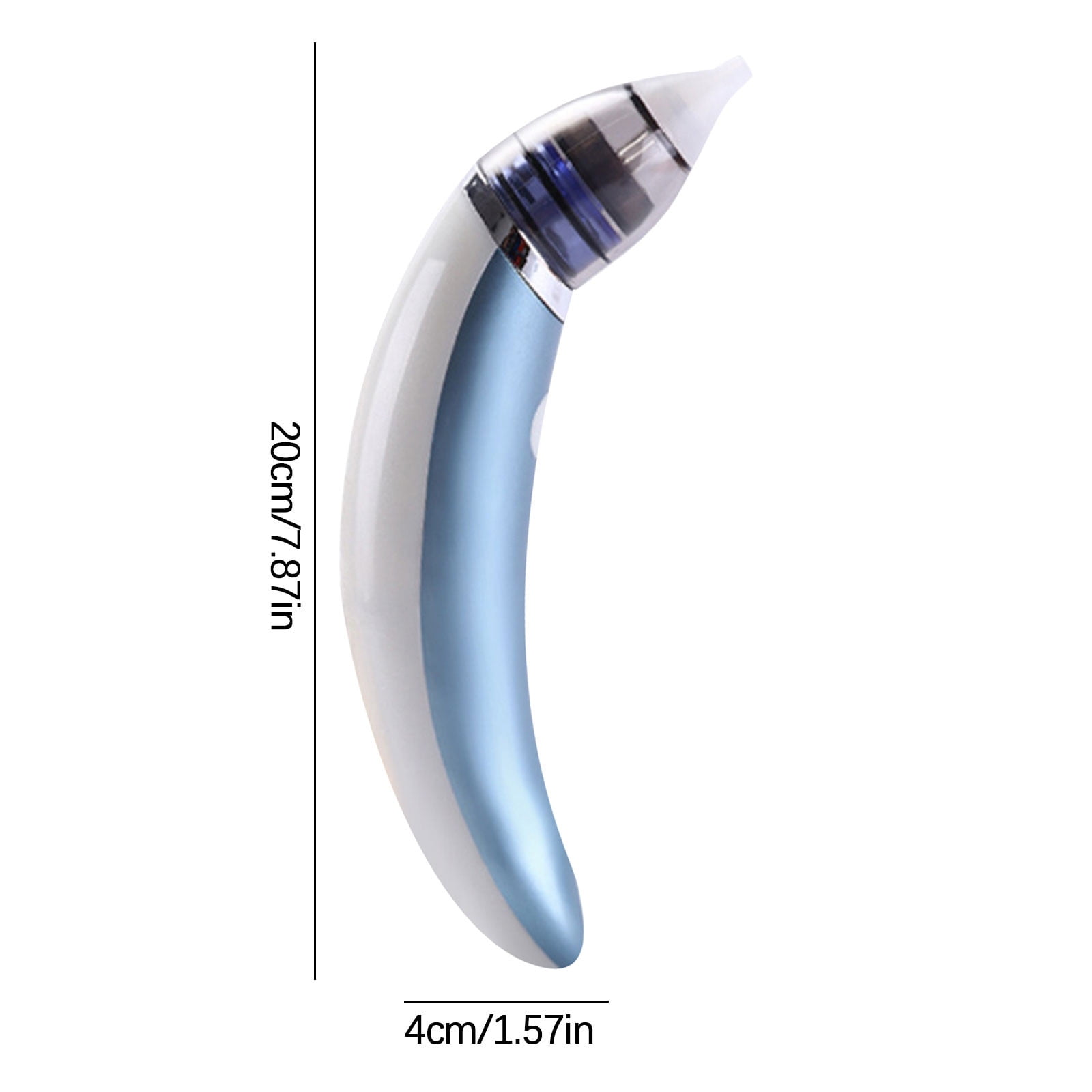 Ein blauer und weißer Nasensauger mit Messangaben.