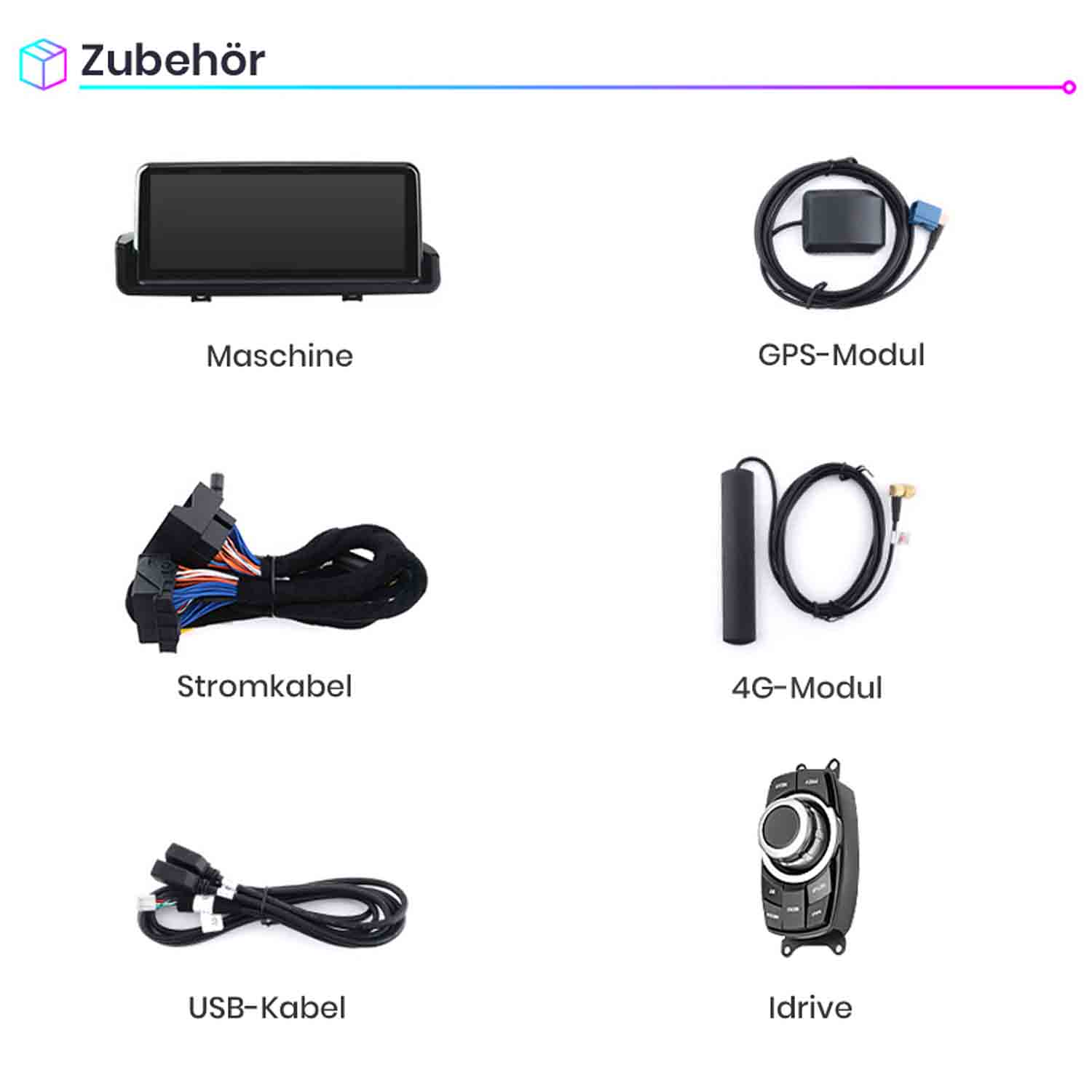 Zubehör: Maschine, GPS, Stromkabel, 4G-Modul, USB-Kabel, iDrive.