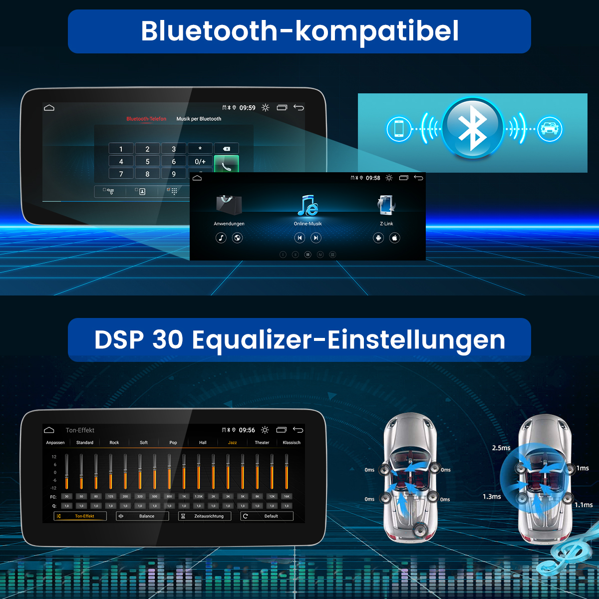 Menu Bluetooth i ustawienia korektora samochodowego radia, z ikonami samochodów.