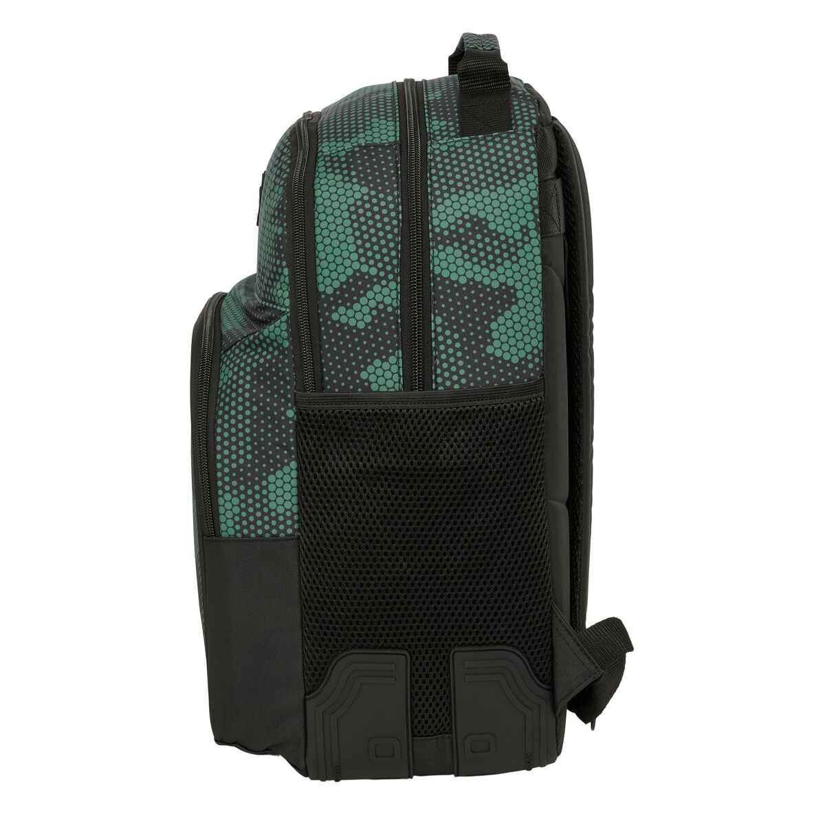 Zaino verde con motivo mimetico, tasca in rete nera e cerniere.