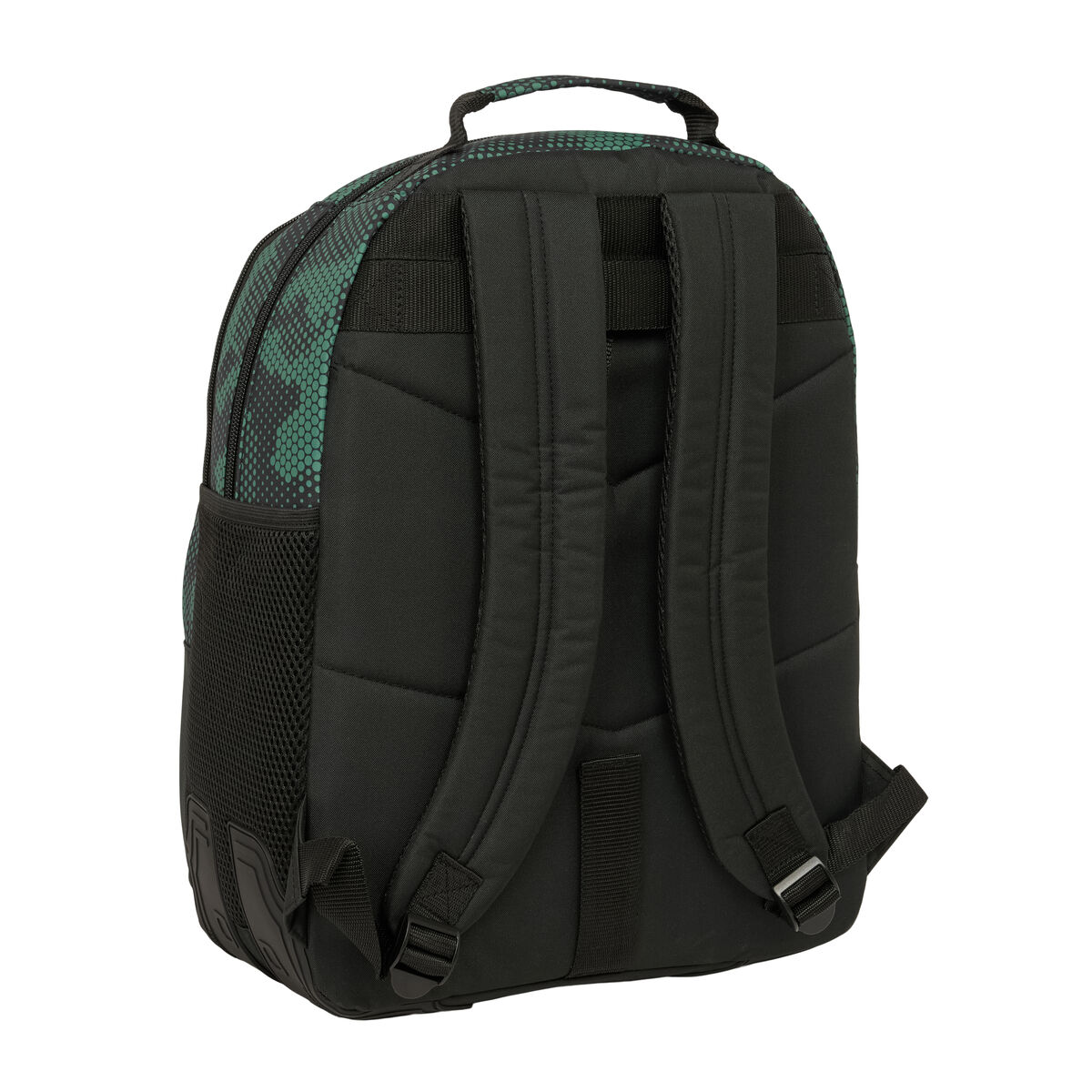 Vista posteriore di zaino nero con motivo verde e tasche laterali in rete.