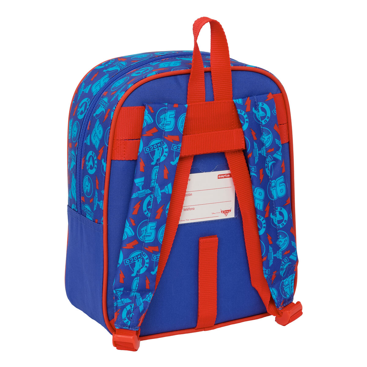 Blauer Rucksack mit rotem Muster, Disney Cars-Motiv, mit roten Trägern.