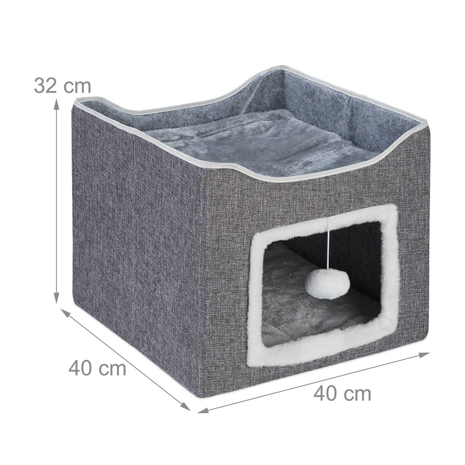 Cama cúbica gris para gatos, 32x40x40 cm, con entrada y juguete.