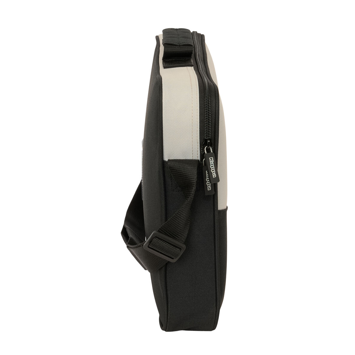 Schwarze und beige Kappa-Tasche mit Reißverschluss und Schultergurt.