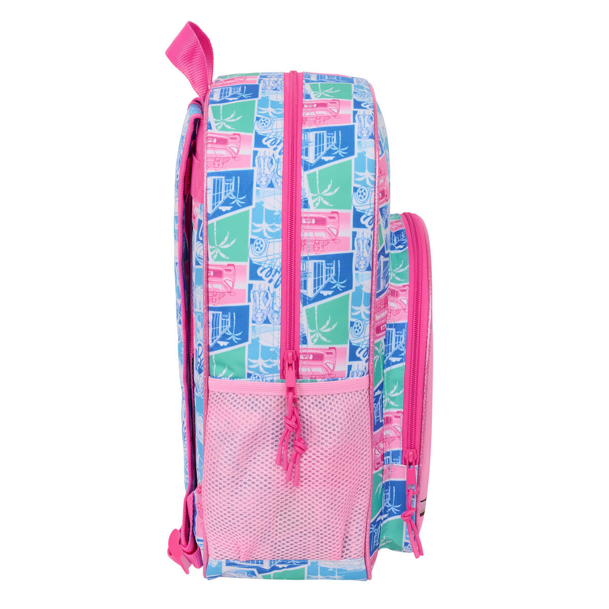 Ein bunter Rucksack mit pinken Reißverschlüssen und einem Palmenmuster.