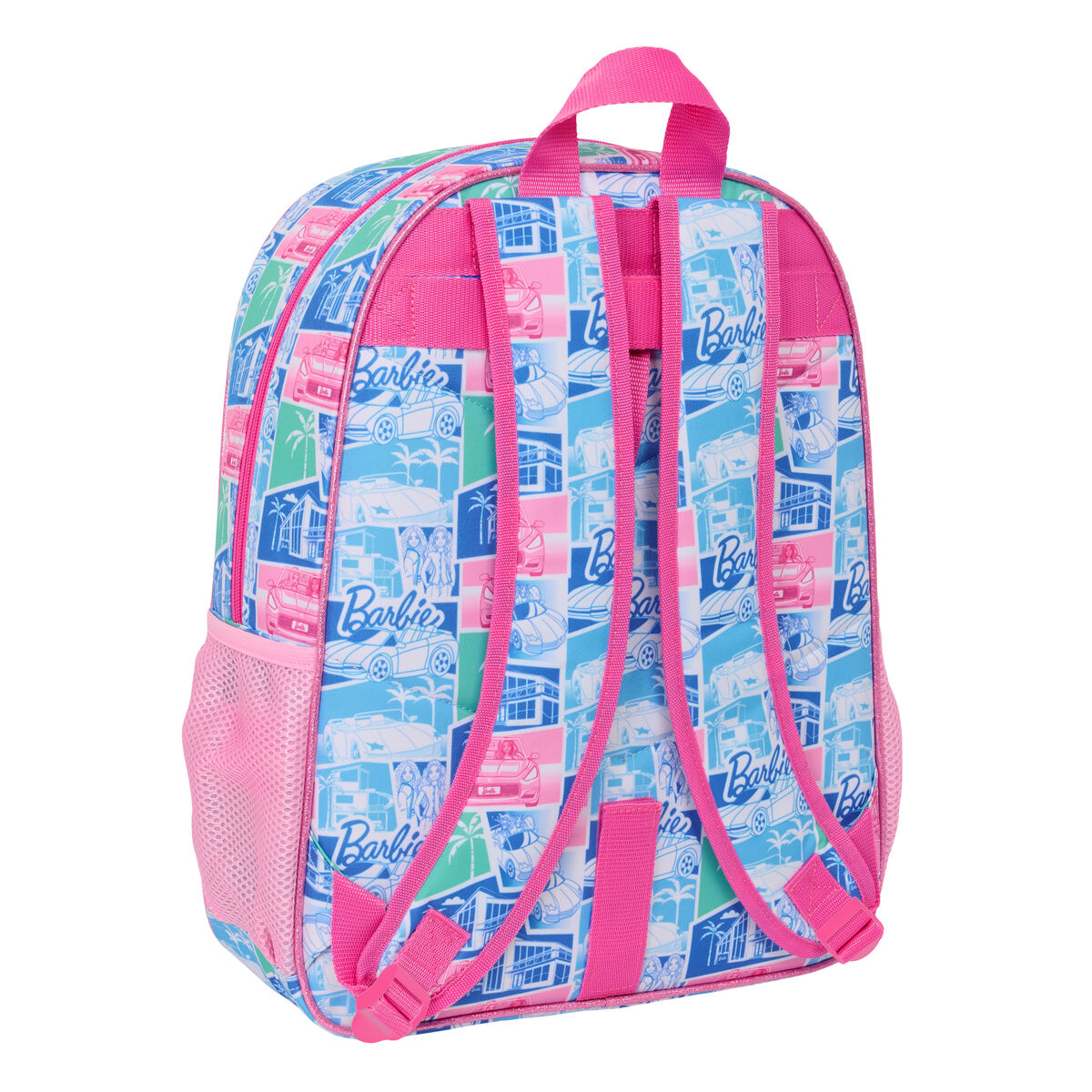 Rucksack mit Barbie-Aufdruck: Autos, Palmen und Gebäude auf blauem, rosa und grünem Hintergrund.