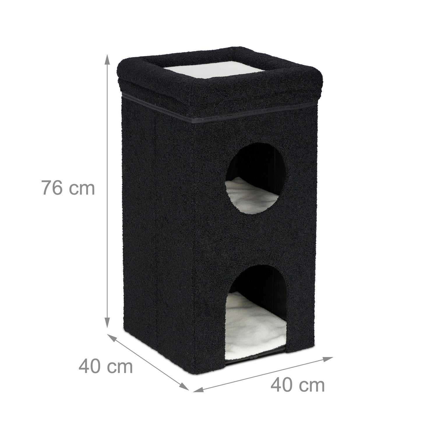 Torre para gatos negra, 76x40x40 cm, con dos aberturas y cojines blancos.