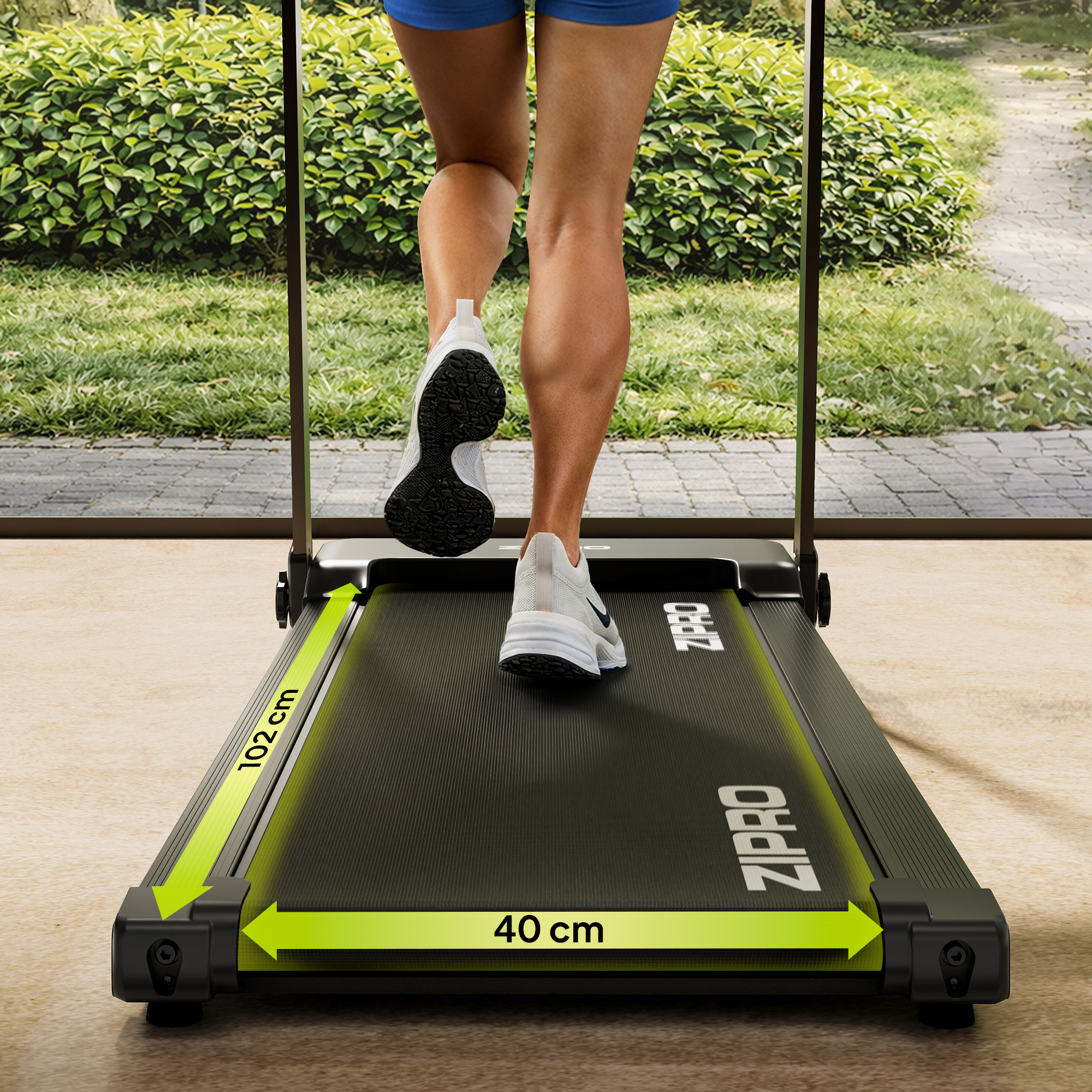 Person auf Laufband mit grünen Maßen 102 cm und 40 cm.