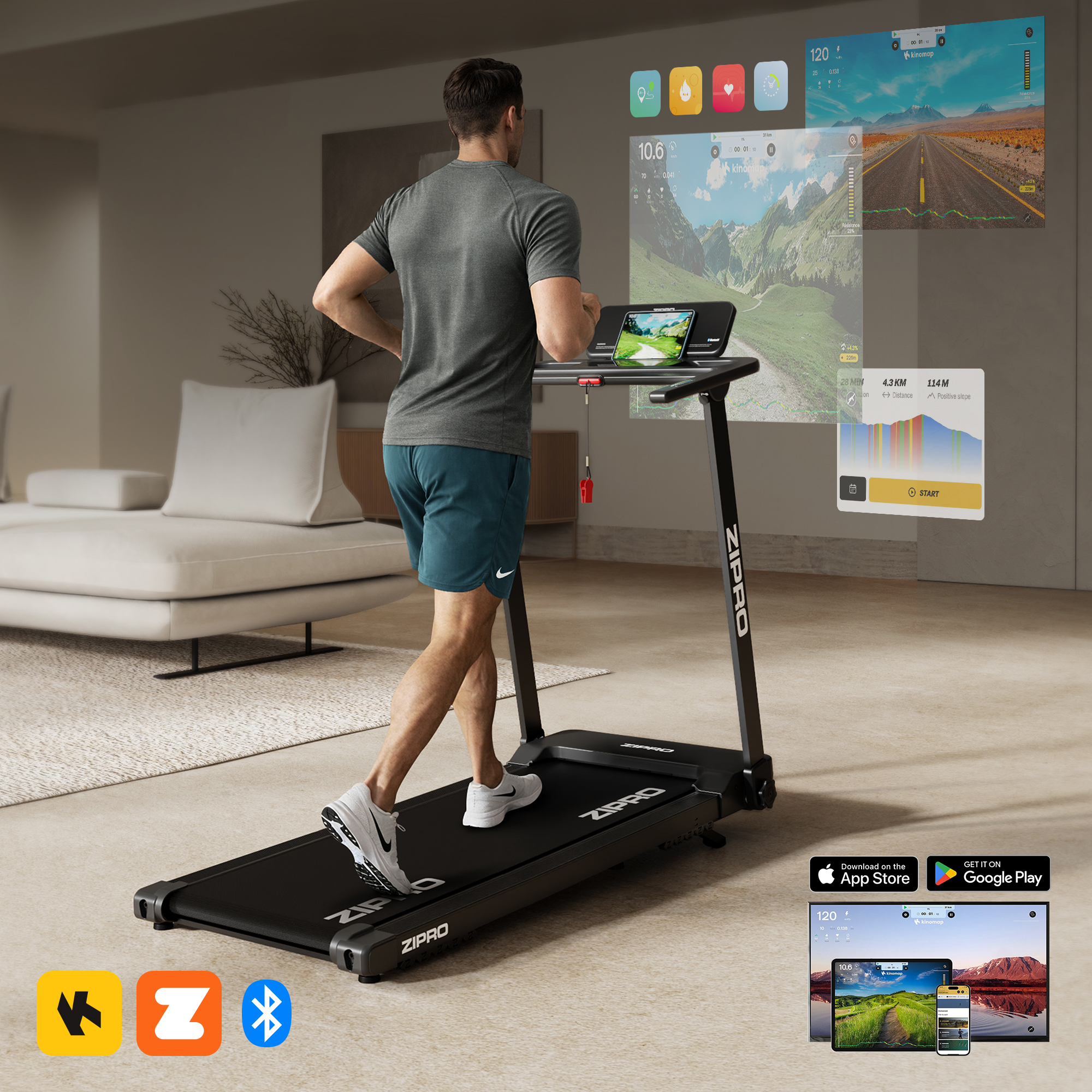 Mann auf Laufband mit virtueller Landschaftsanzeige. Stat. Daten werden angezeigt.