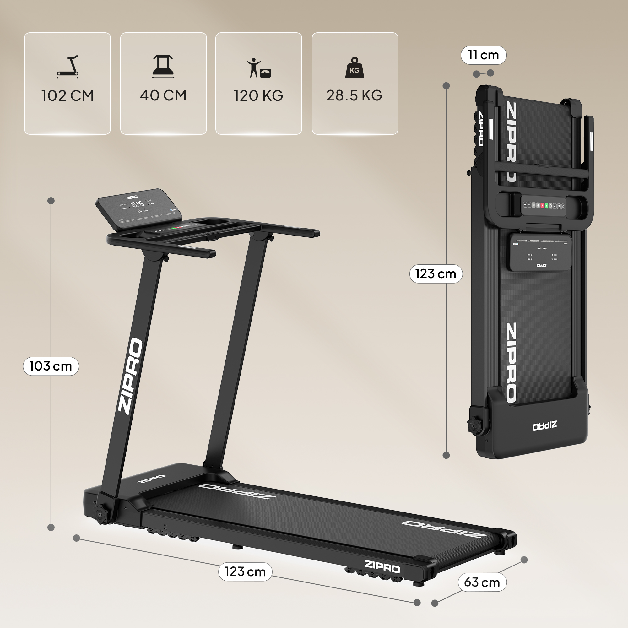 Schwarzes ZIPRO-Laufband, zusammengeklappt und ausgeklappt, mit Maßen.