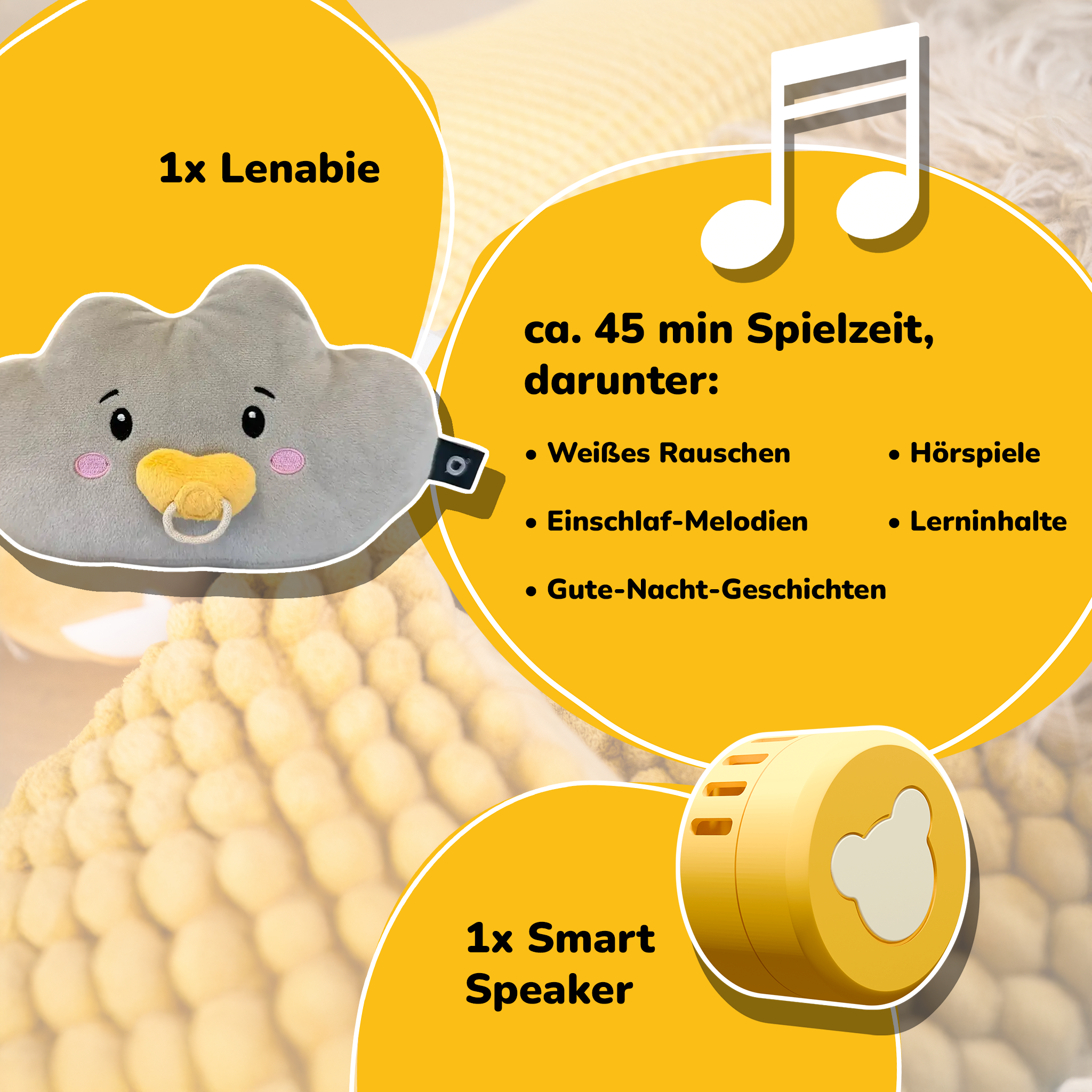 Giocattolo a nuvola grigia con ciuccio e smart speaker giallo, 45 min.