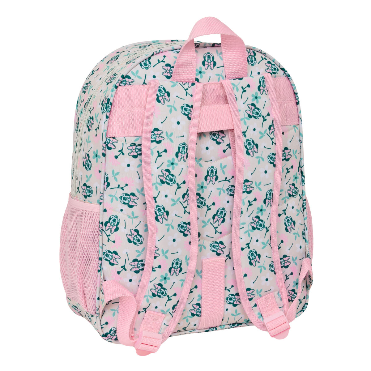 Rucksack mit Blumenmuster und rosa Trägern, Rückansicht.