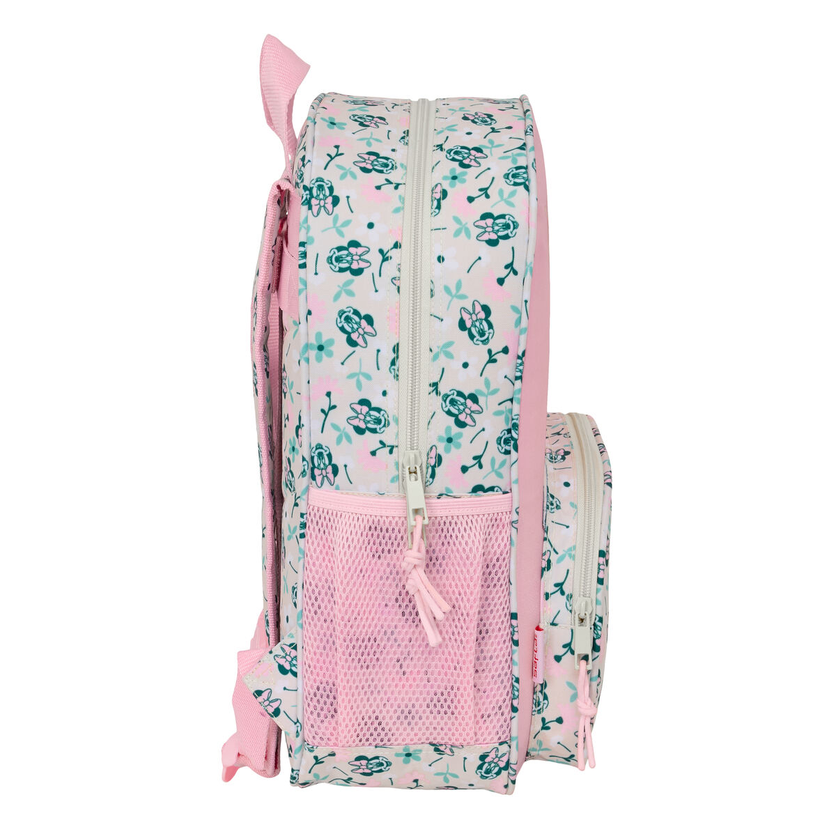 Rucksack mit Blumenmuster in Rosa und Mintgrün, mit pinkem Netzfach.