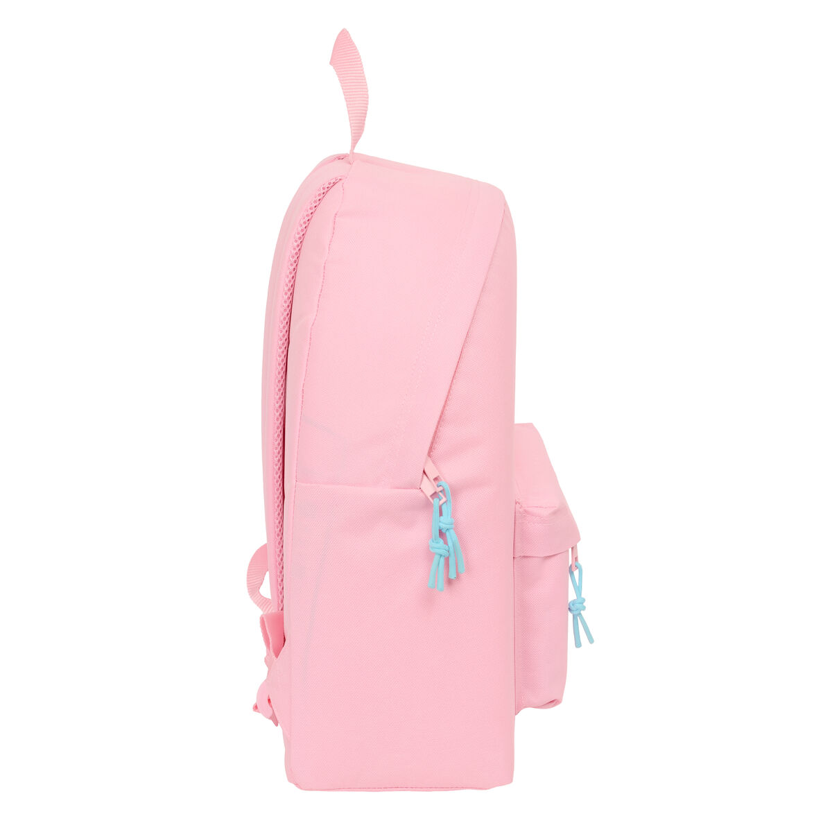 Ein rosafarbener Rucksack mit blauen Zippern und Schnüren.