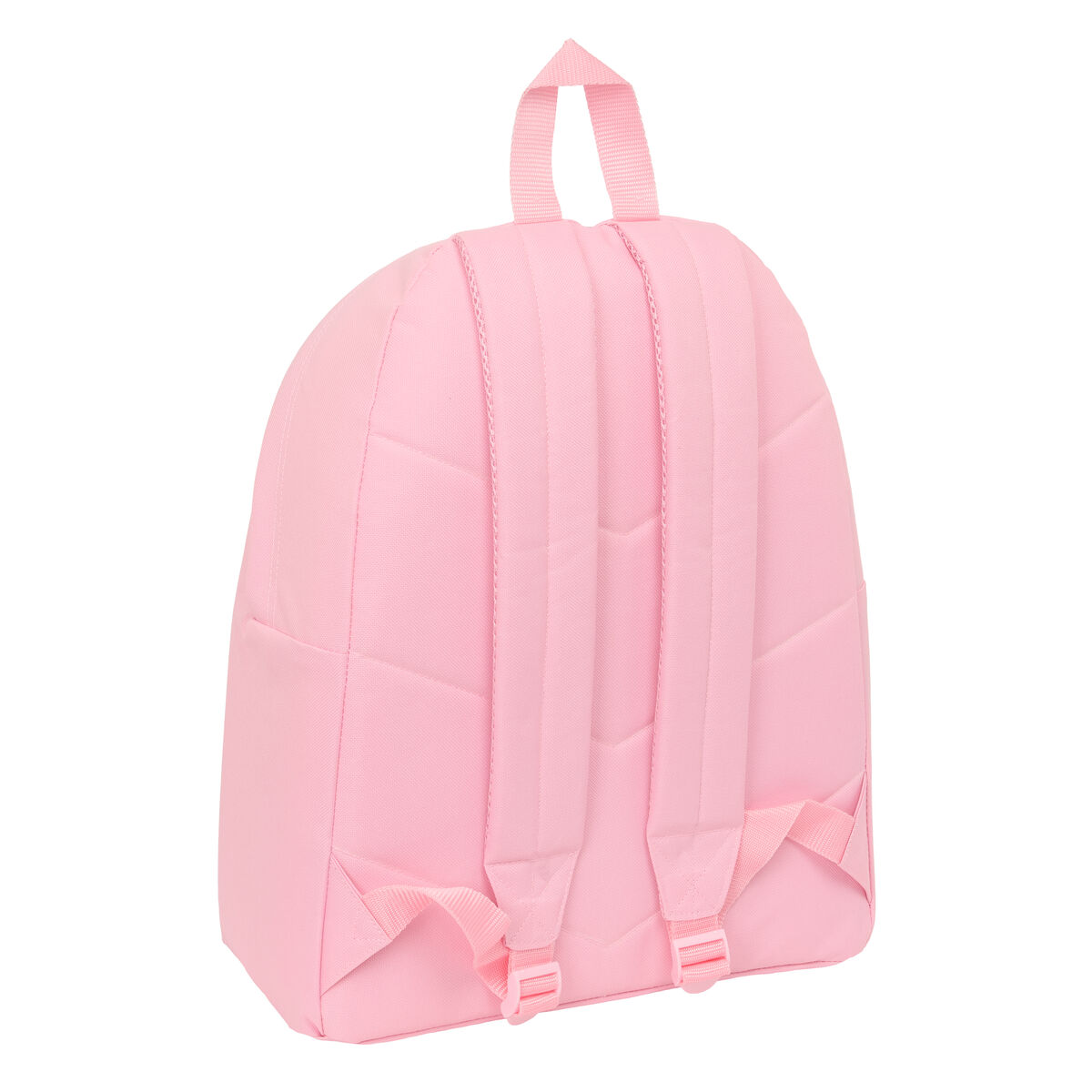 Ein rosafarbener Rucksack mit gepolsterten Trägern und einer Schlaufe oben.