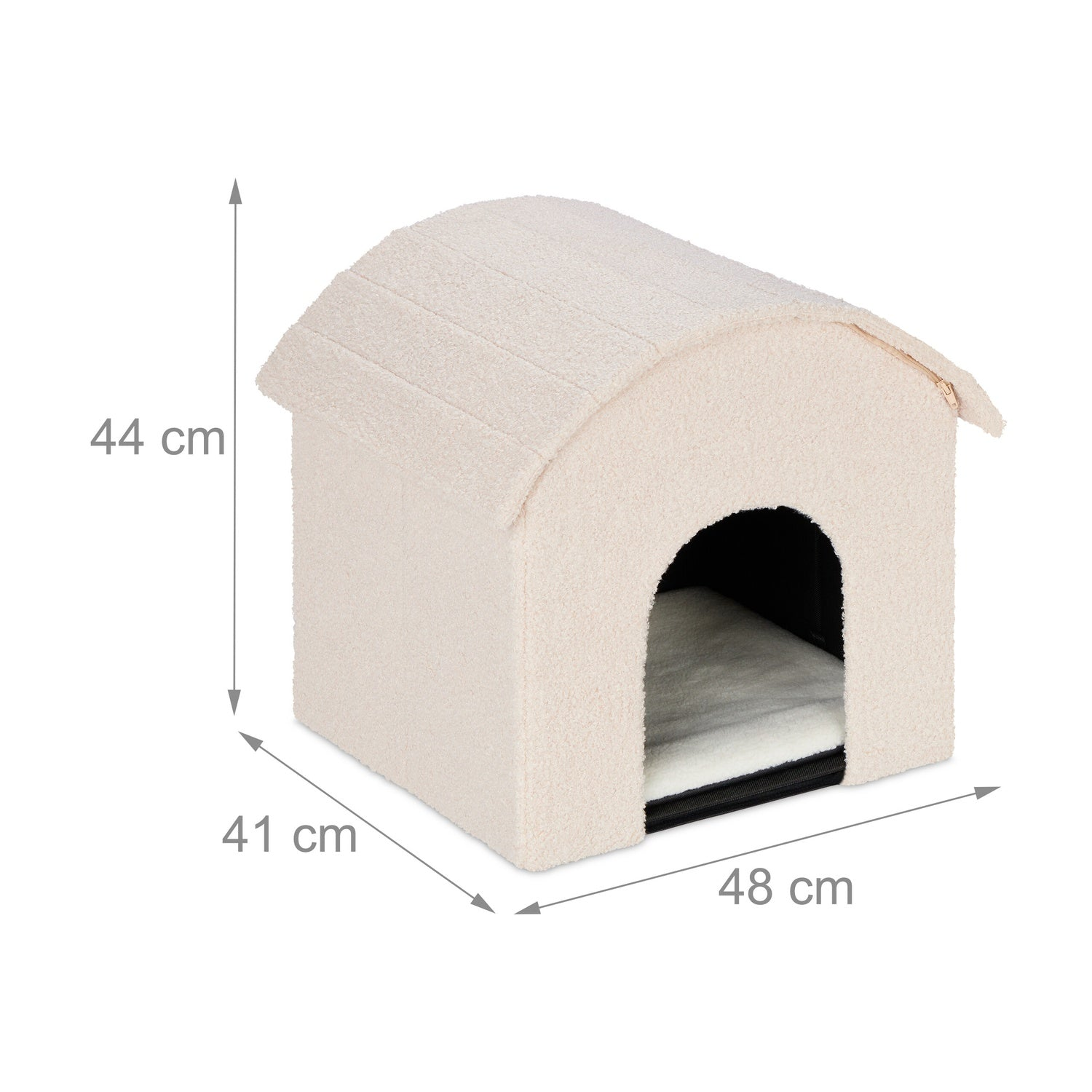 Casa beige para mascotas con techo curvo, mide 48x41x44 cm.