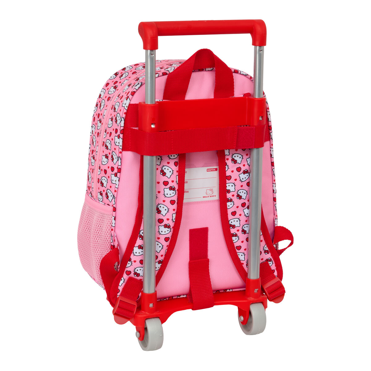 Rosa Hello Kitty Rollrucksack mit rotem Griff und Riemen, von hinten gesehen, auf weißem Hintergrund.