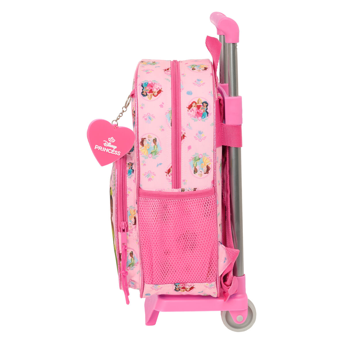 Ein rosa Rollkoffer mit Disney-Prinzessinnen-Motiv und Herz-Anhänger.