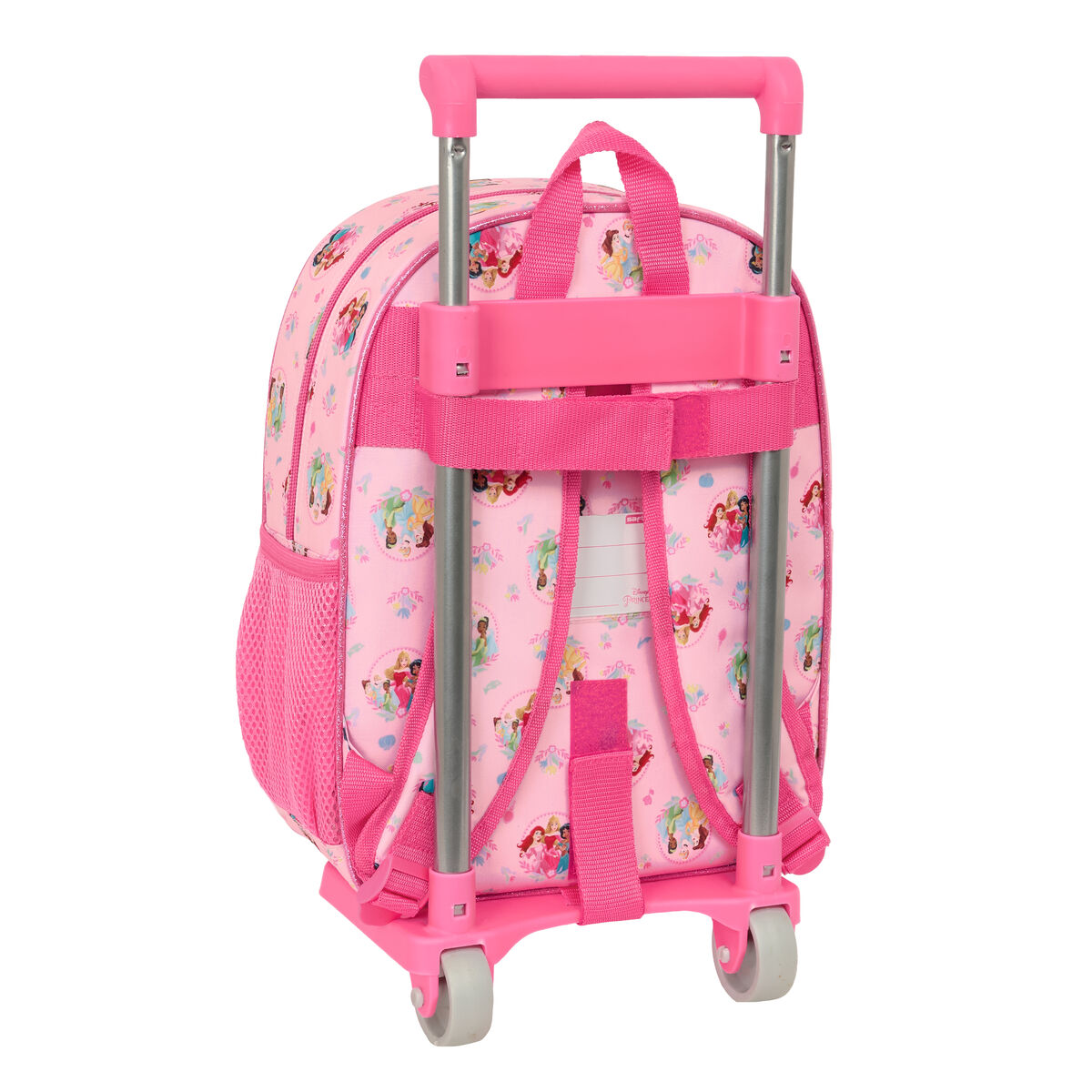 Ein rosa Rollkoffer für Kinder mit Disney-Prinzessinnen-Motiv.