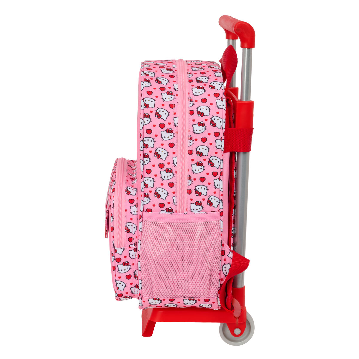 Rosa Trolley-Rucksack mit Hello Kitty-Motiv und roten Griffen.