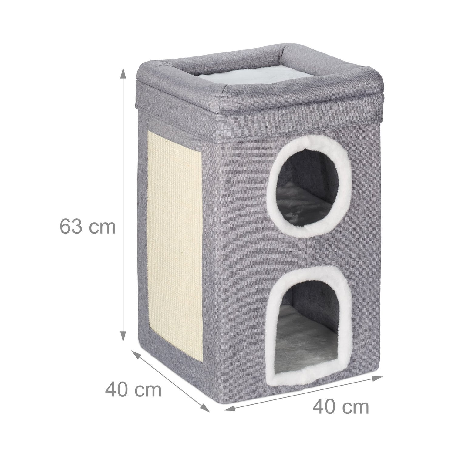 Torre gris para gatos con panel rascador y dos entradas.