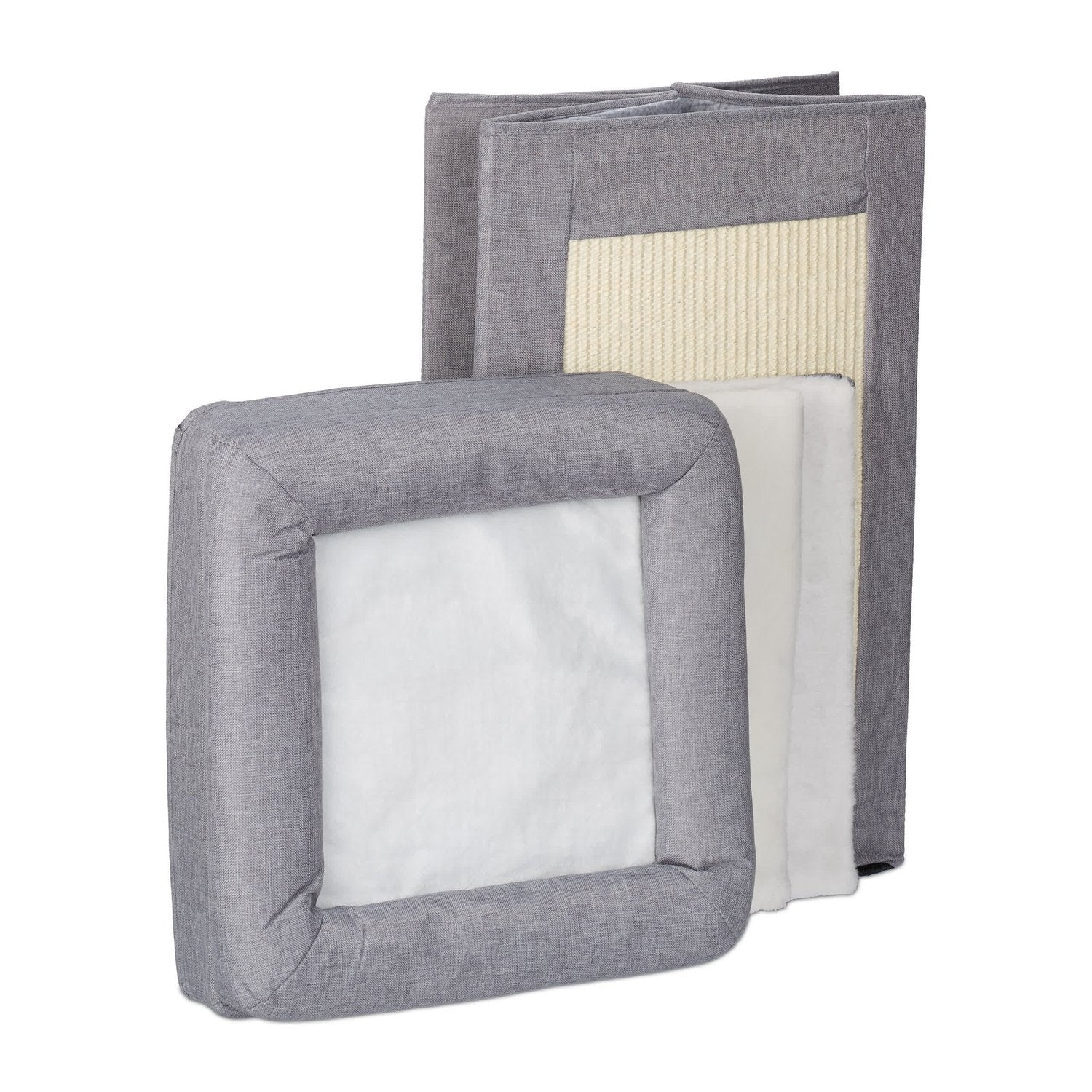 Rascador para gatos gris con superficie de sisal y tela suave.