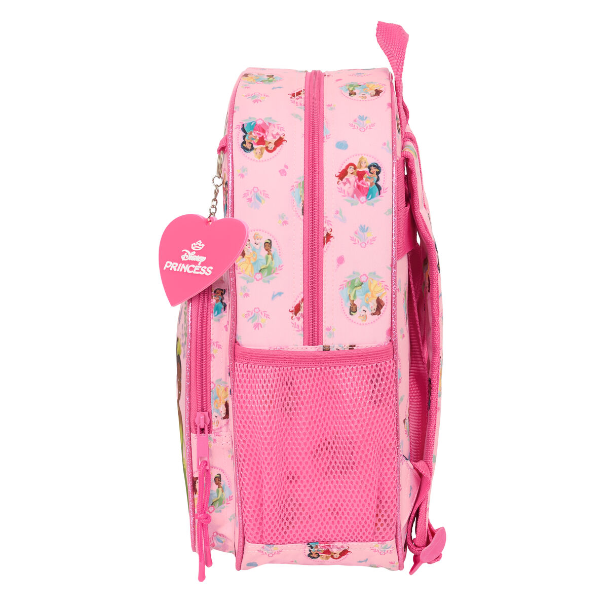 Ein rosa Rucksack mit Disney-Prinzessinnen-Motiv und Netzseitentasche.