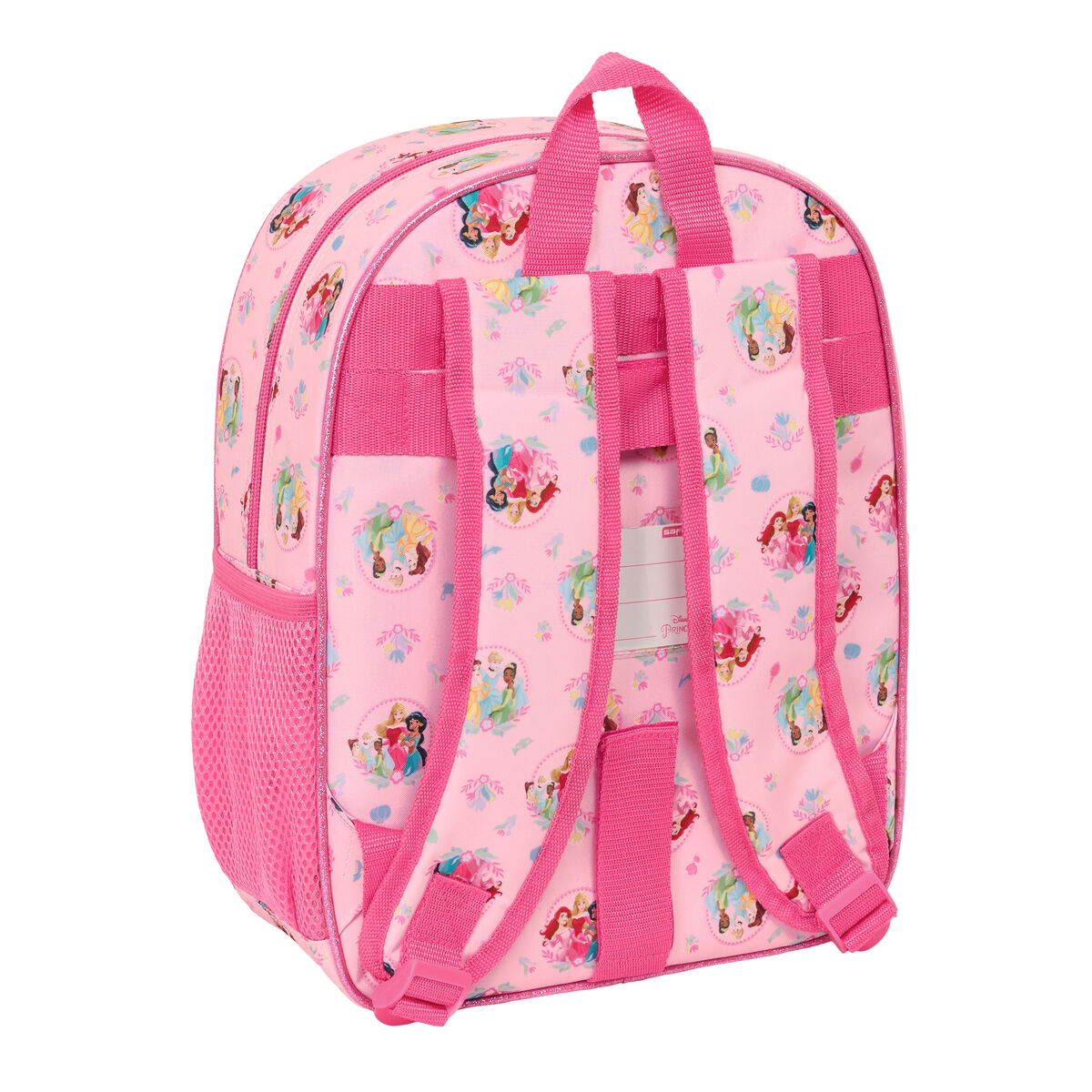 Ein pinker Rucksack mit mehreren Disney Prinzessinnen, darunter Cinderella, Arielle und Belle, auf weißem Hintergrund.