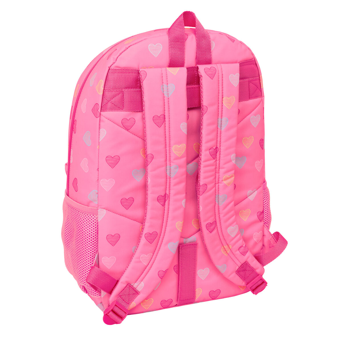 Ein pinker Rucksack mit einem Herzmuster. Verstellbare Träger und Netztaschen an den Seiten.